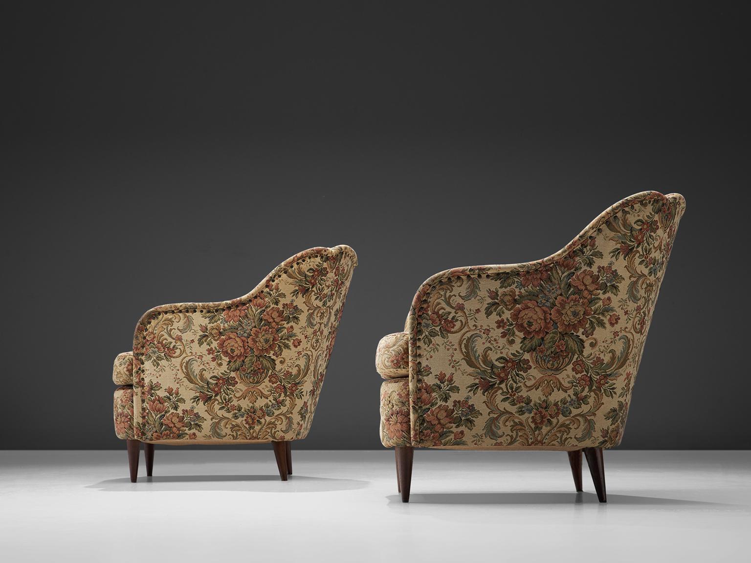 Italian Pair of Lounge Chairs with Original Floral Upholstery