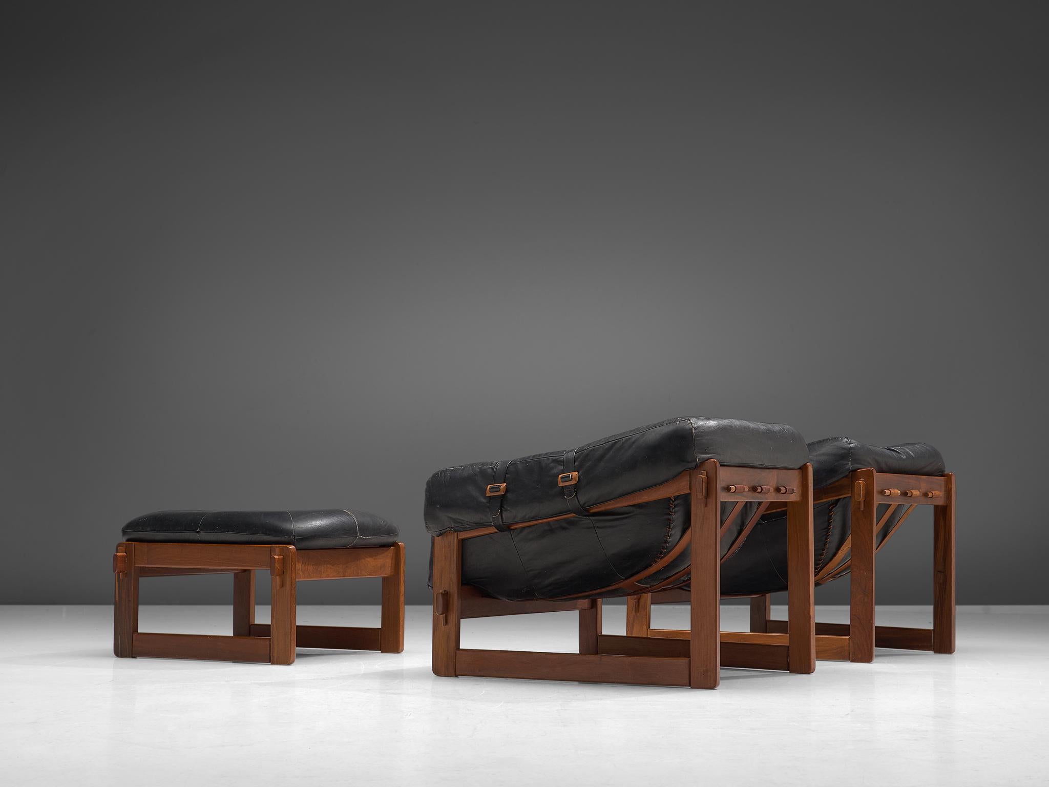 Mid-Century Modern Pair of Lounge Chairs with Ottoman in Black Leather by Percival Lafer