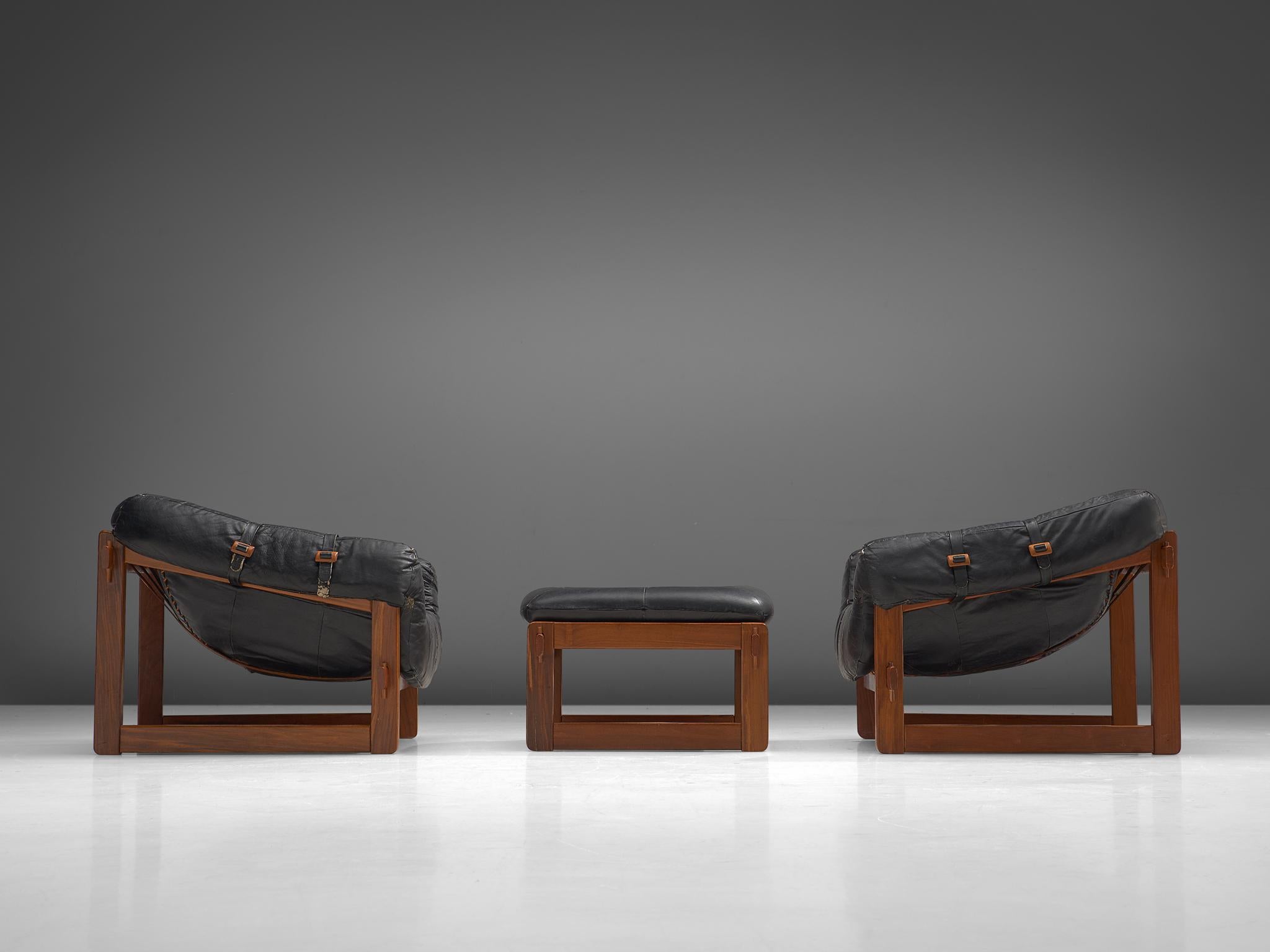 Brazilian Pair of Lounge Chairs with Ottoman in Black Leather by Percival Lafer