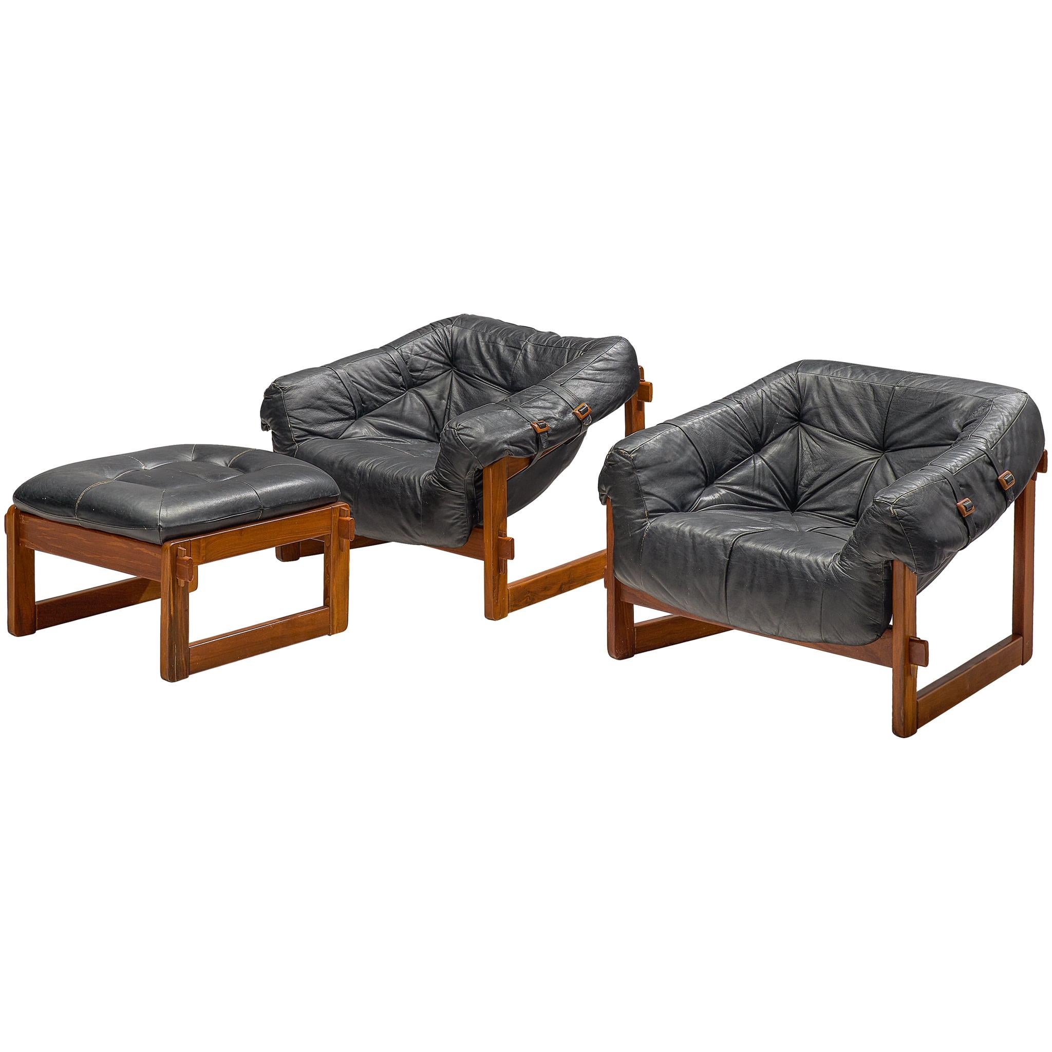 Pair of Lounge Chairs with Ottoman in Black Leather by Percival Lafer