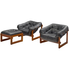 Pair of Lounge Chairs with Ottoman in Black Leather by Percival Lafer