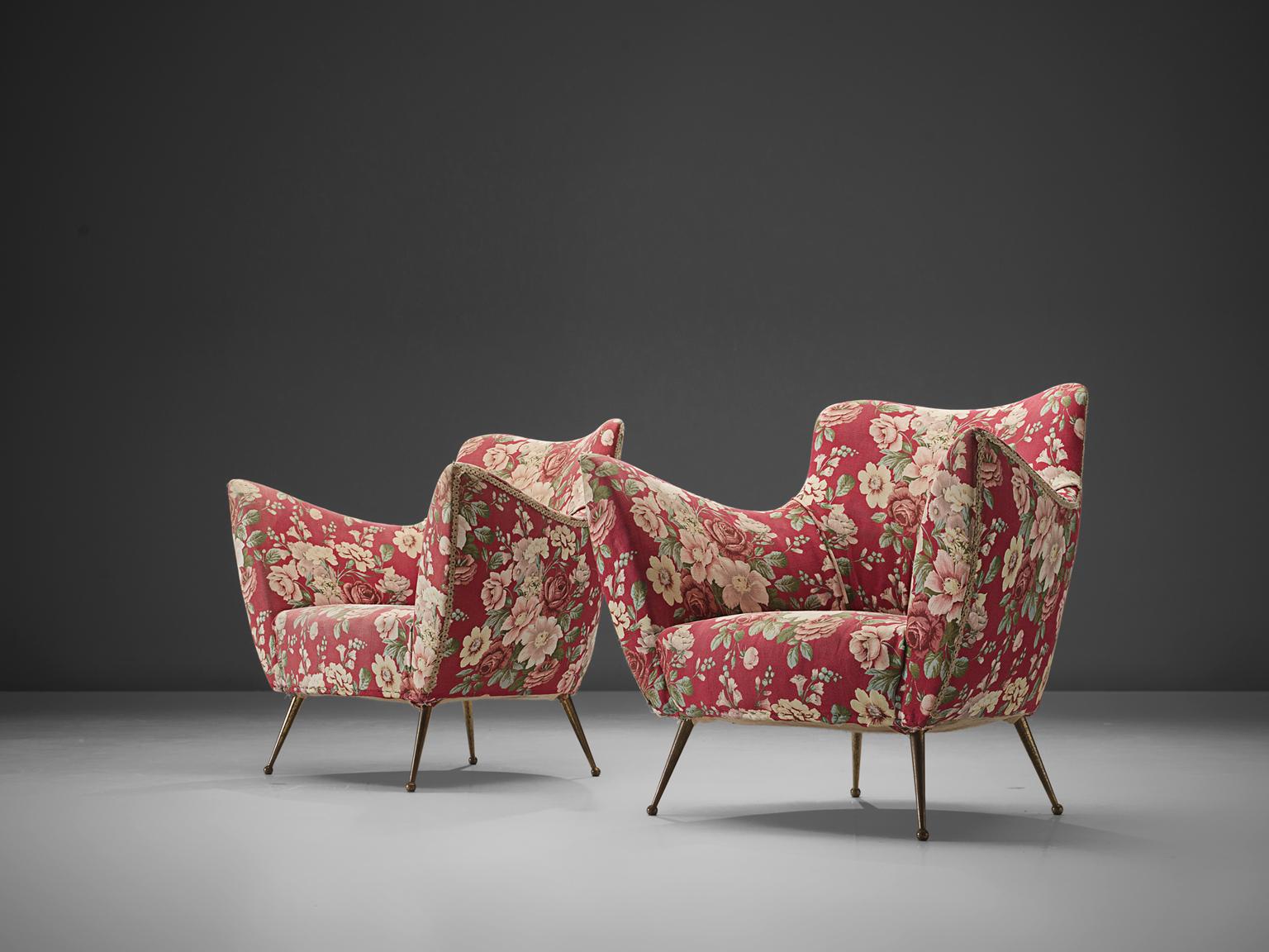 Mid-Century Modern Pair of Lounge Chairs with Red Floral Upholstery by ISA Bergamo