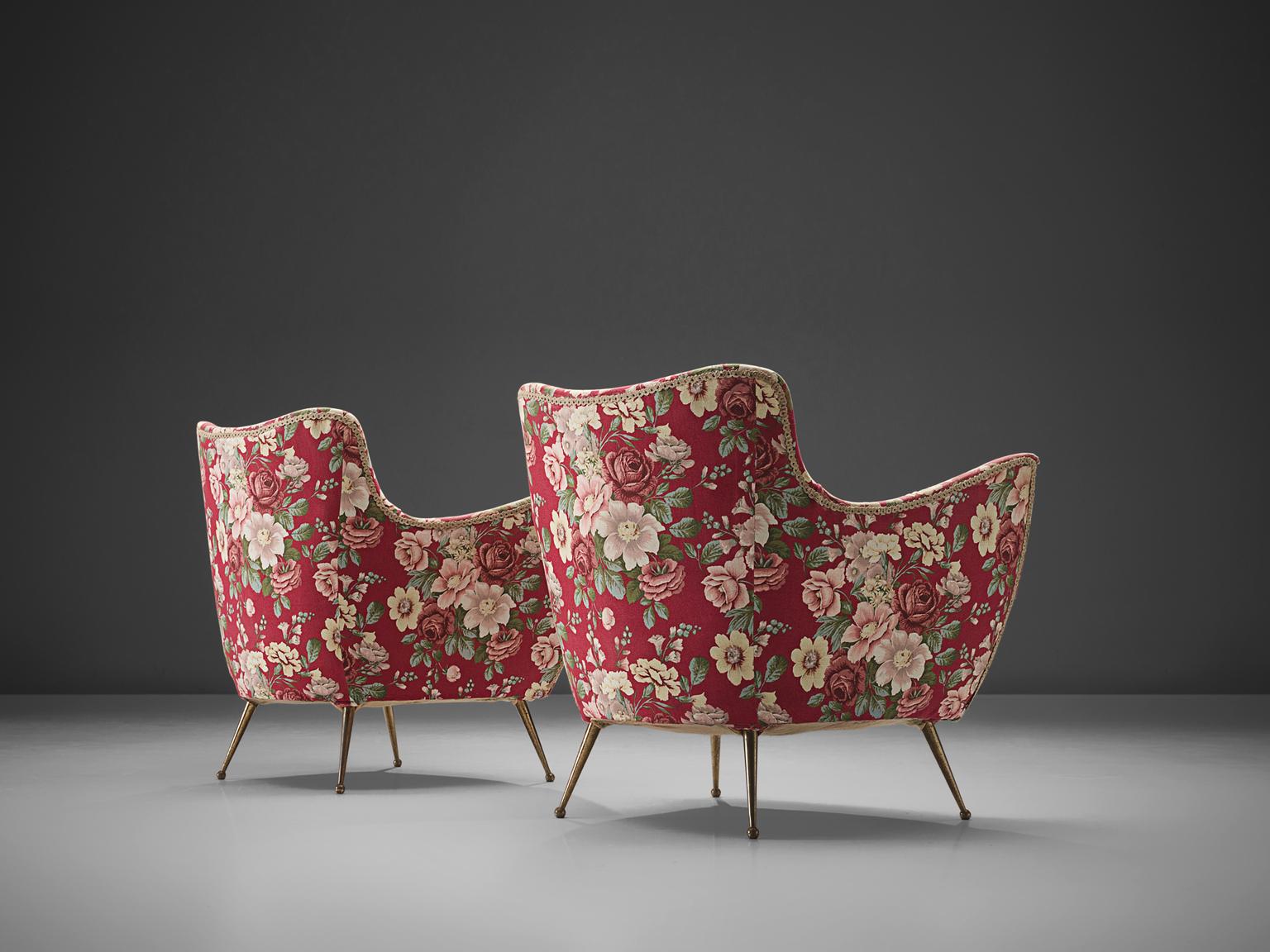 Italian Pair of Lounge Chairs with Red Floral Upholstery by ISA Bergamo