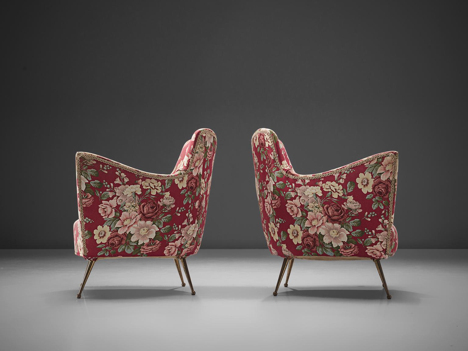 Pair of Lounge Chairs with Red Floral Upholstery by ISA Bergamo In Good Condition In Waalwijk, NL