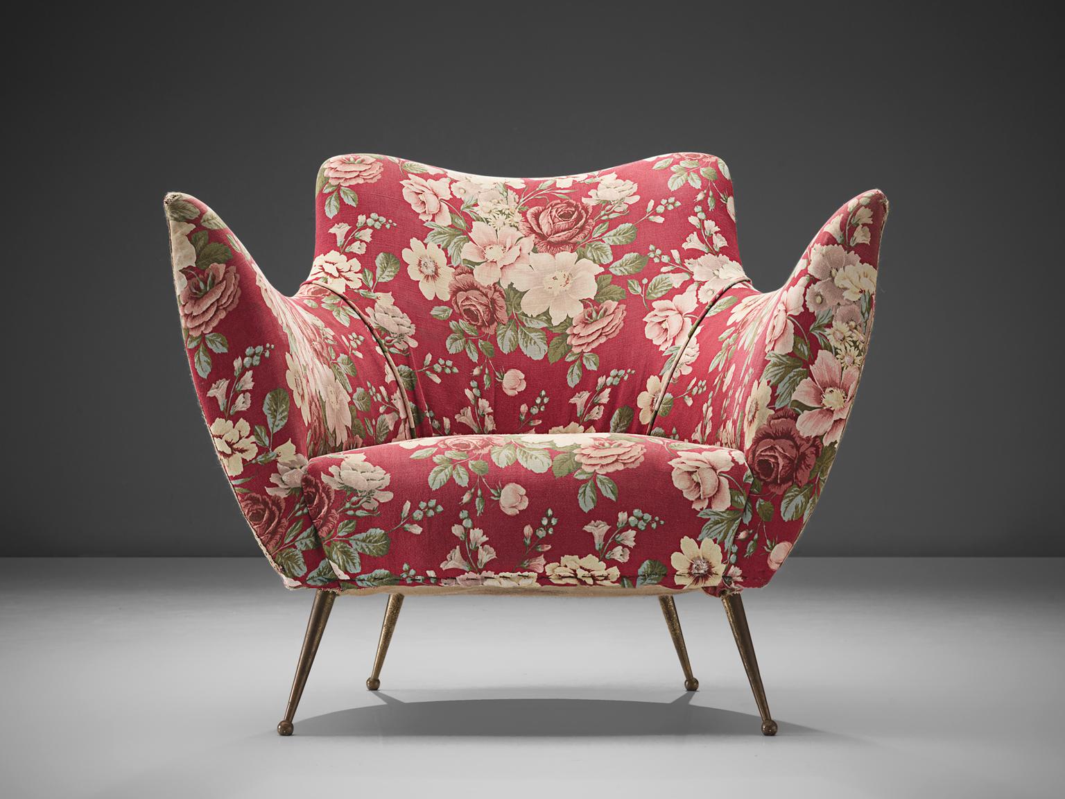 Mid-20th Century Pair of Lounge Chairs with Red Floral Upholstery by ISA Bergamo