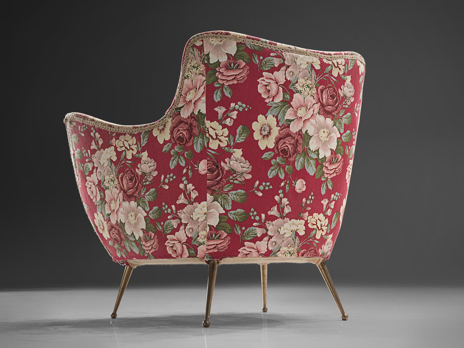Brass Pair of Lounge Chairs with Red Floral Upholstery by ISA Bergamo