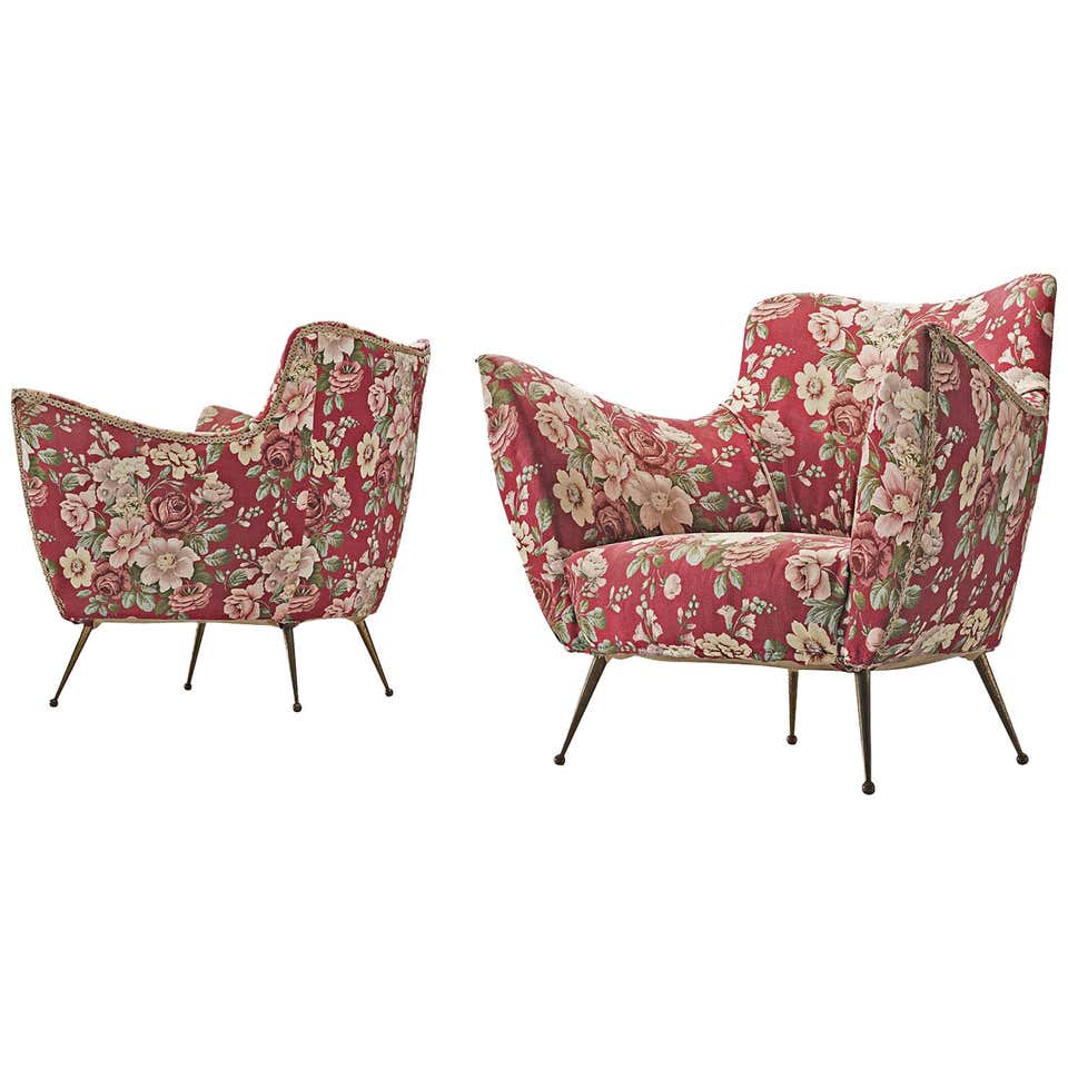 Pair Of Lounge Chairs With Red Floral Upholstery By Isa Bergamo For 