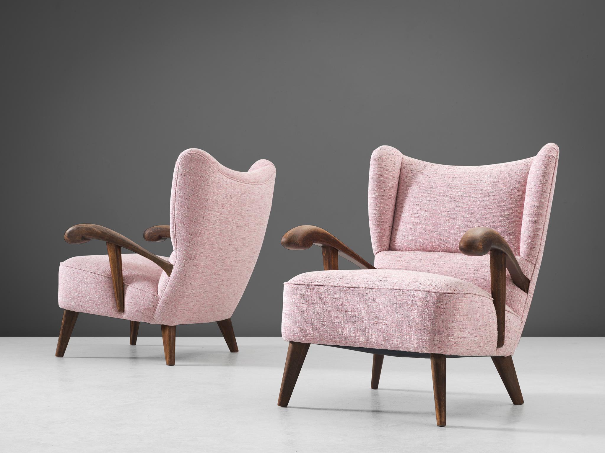 Czech Pair of Lounge Chairs with Sculptural Frame and Pink Upholstery 