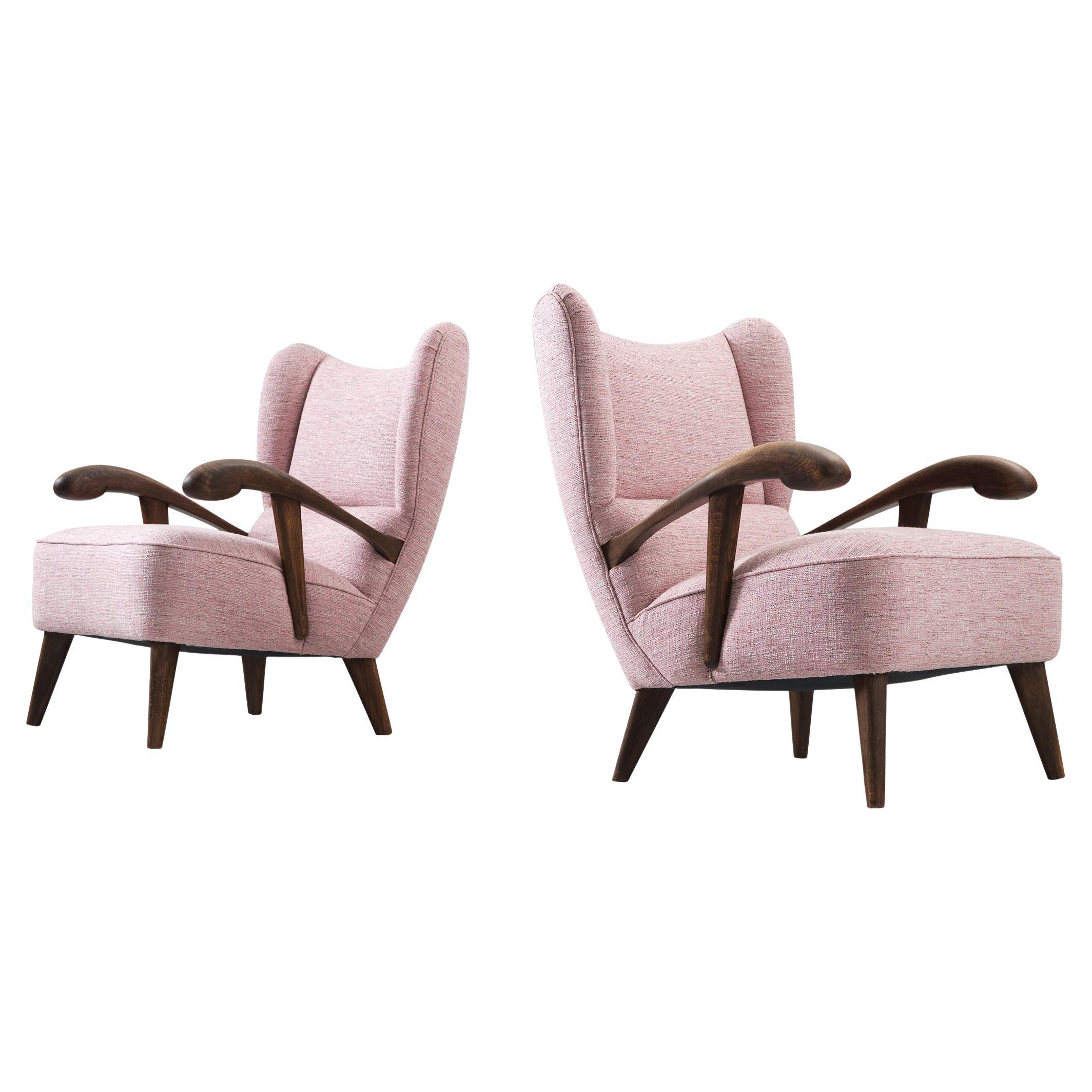 Pair of Lounge Chairs with Sculptural Frame and Pink Upholstery 