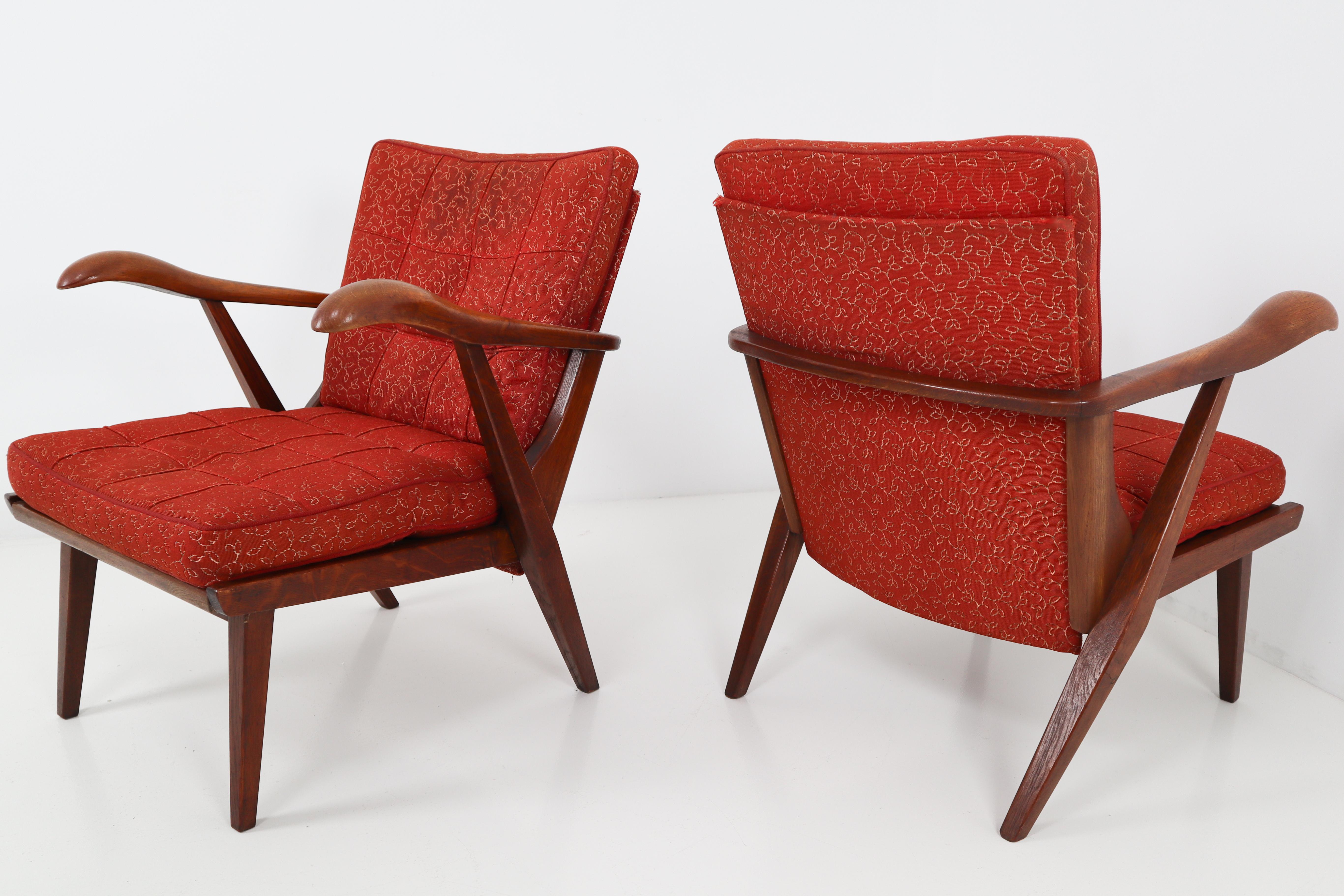 Mid-Century Modern Pair of Lounge Chairs with Sculptural Oak Wooden Frame Czech Republic, 1950s