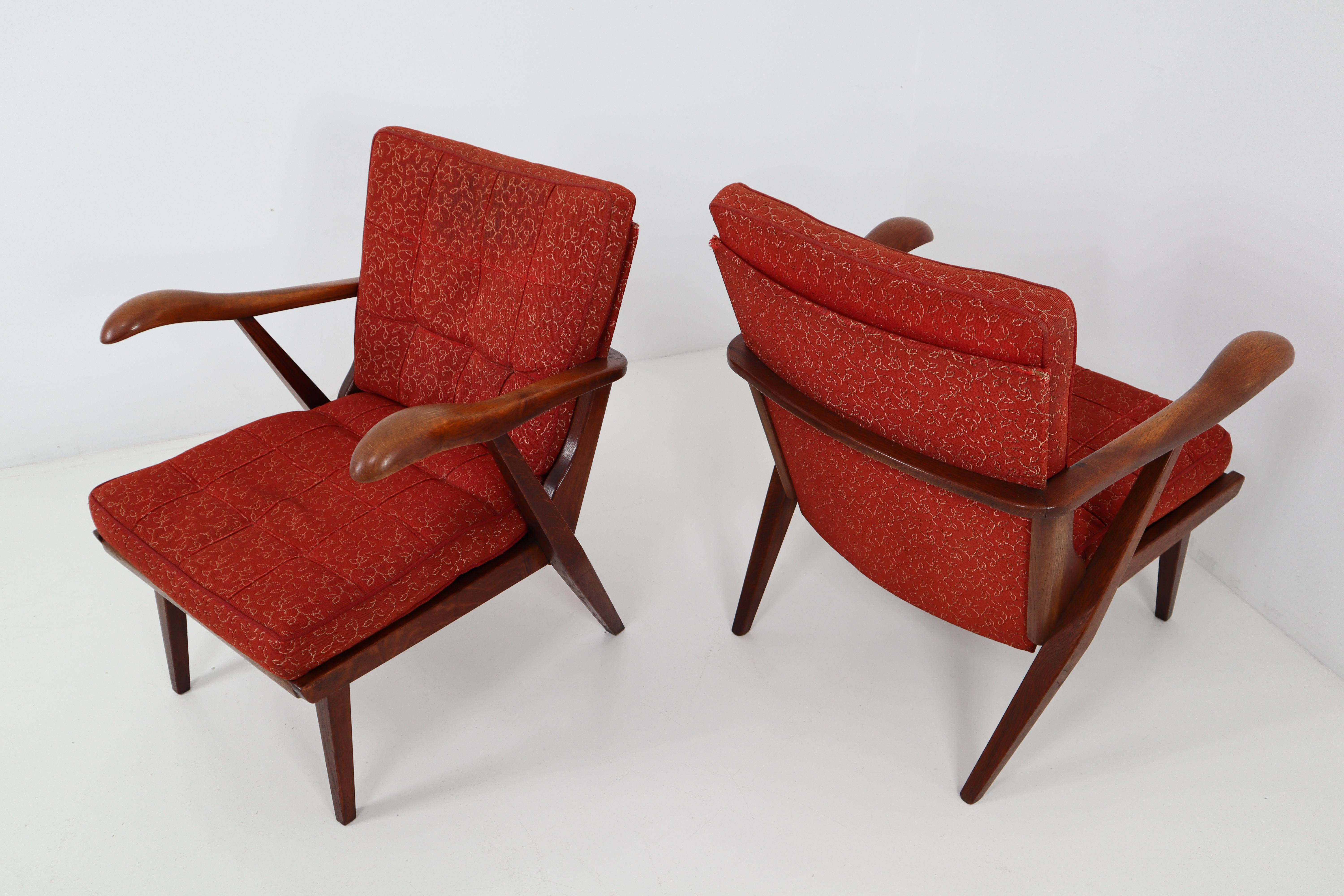 Mid-20th Century Pair of Lounge Chairs with Sculptural Oak Wooden Frame Czech Republic, 1950s