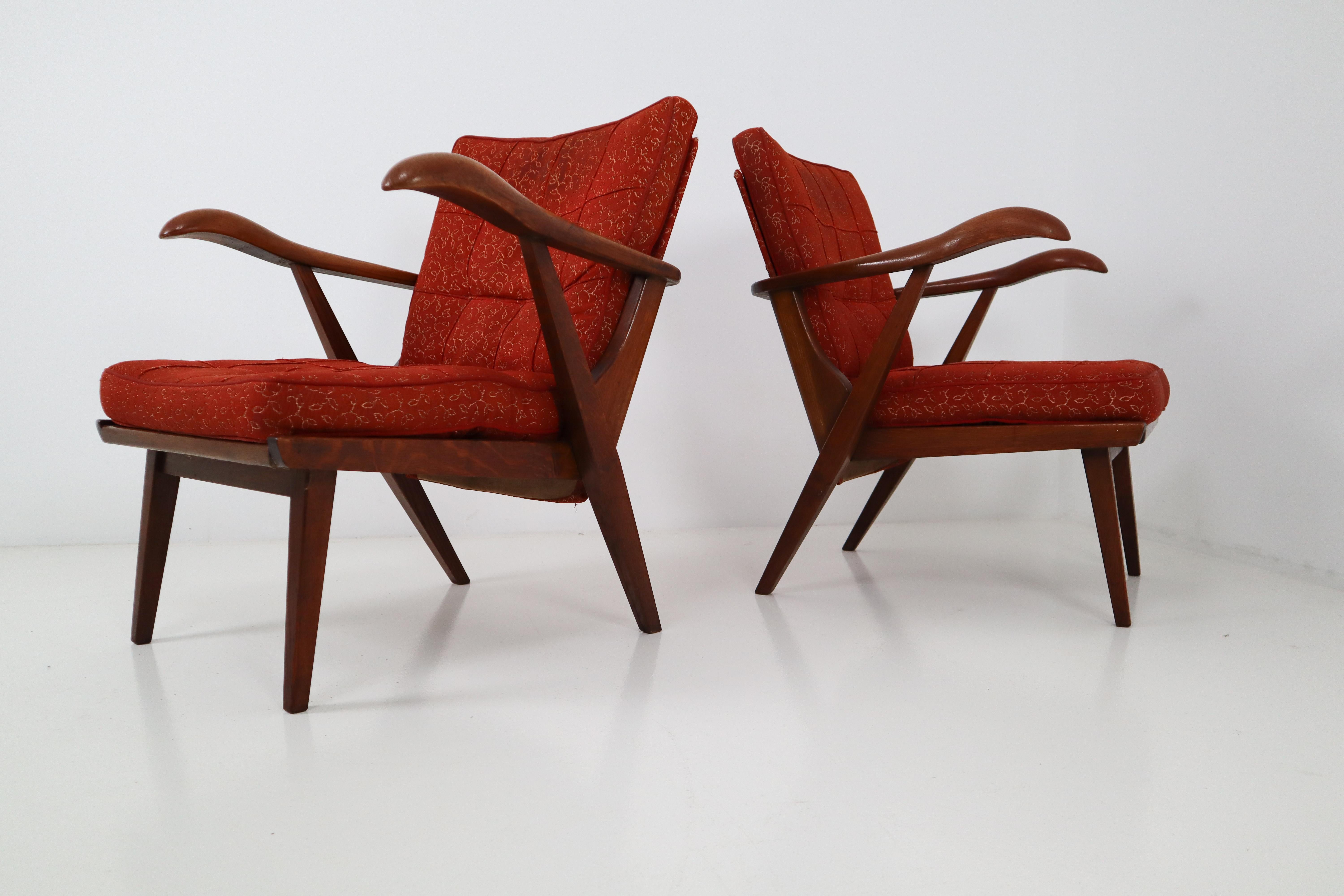 Fabric Pair of Lounge Chairs with Sculptural Oak Wooden Frame Czech Republic, 1950s
