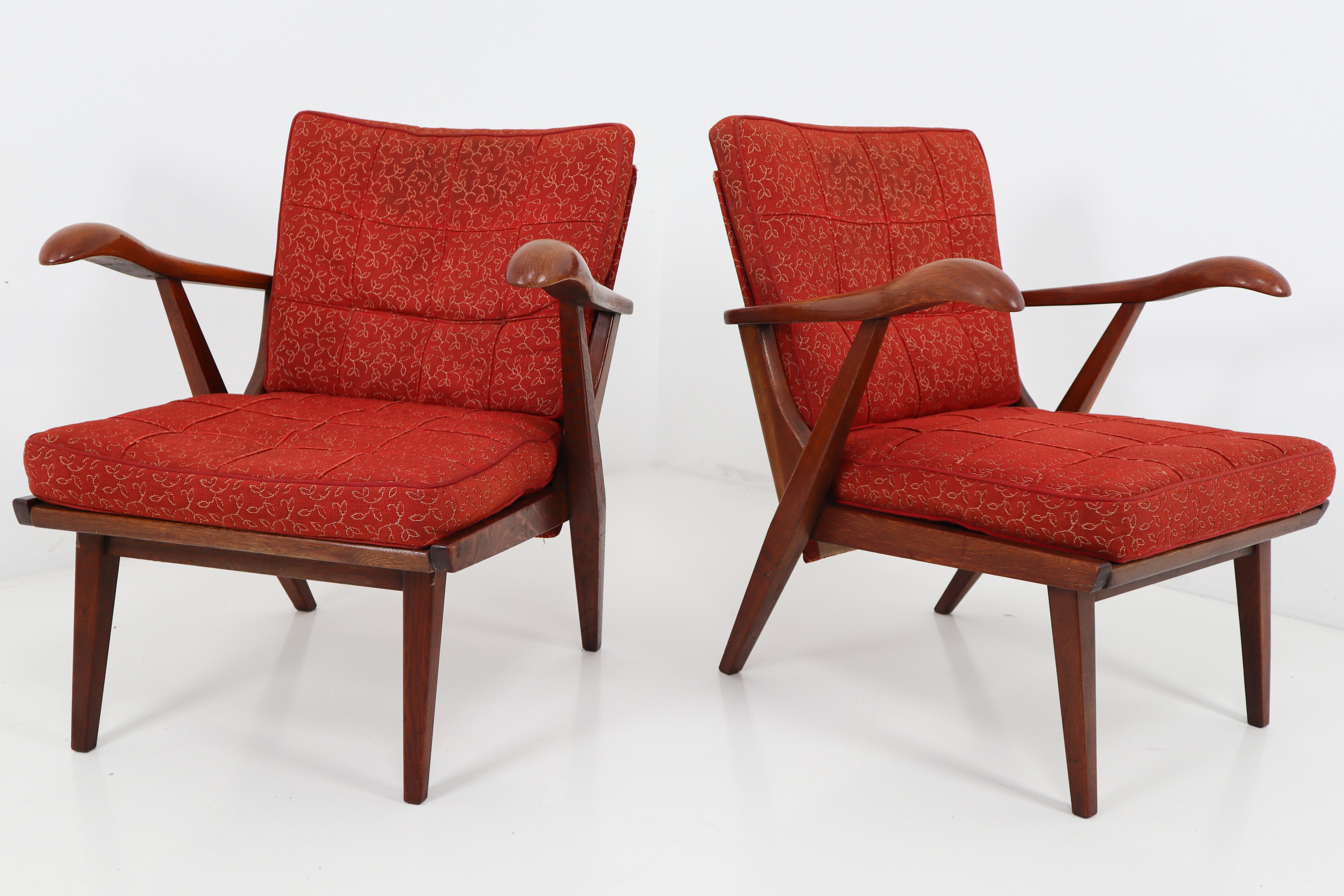 Pair of Lounge Chairs with Sculptural Oak Wooden Frame Czech Republic, 1950s 1