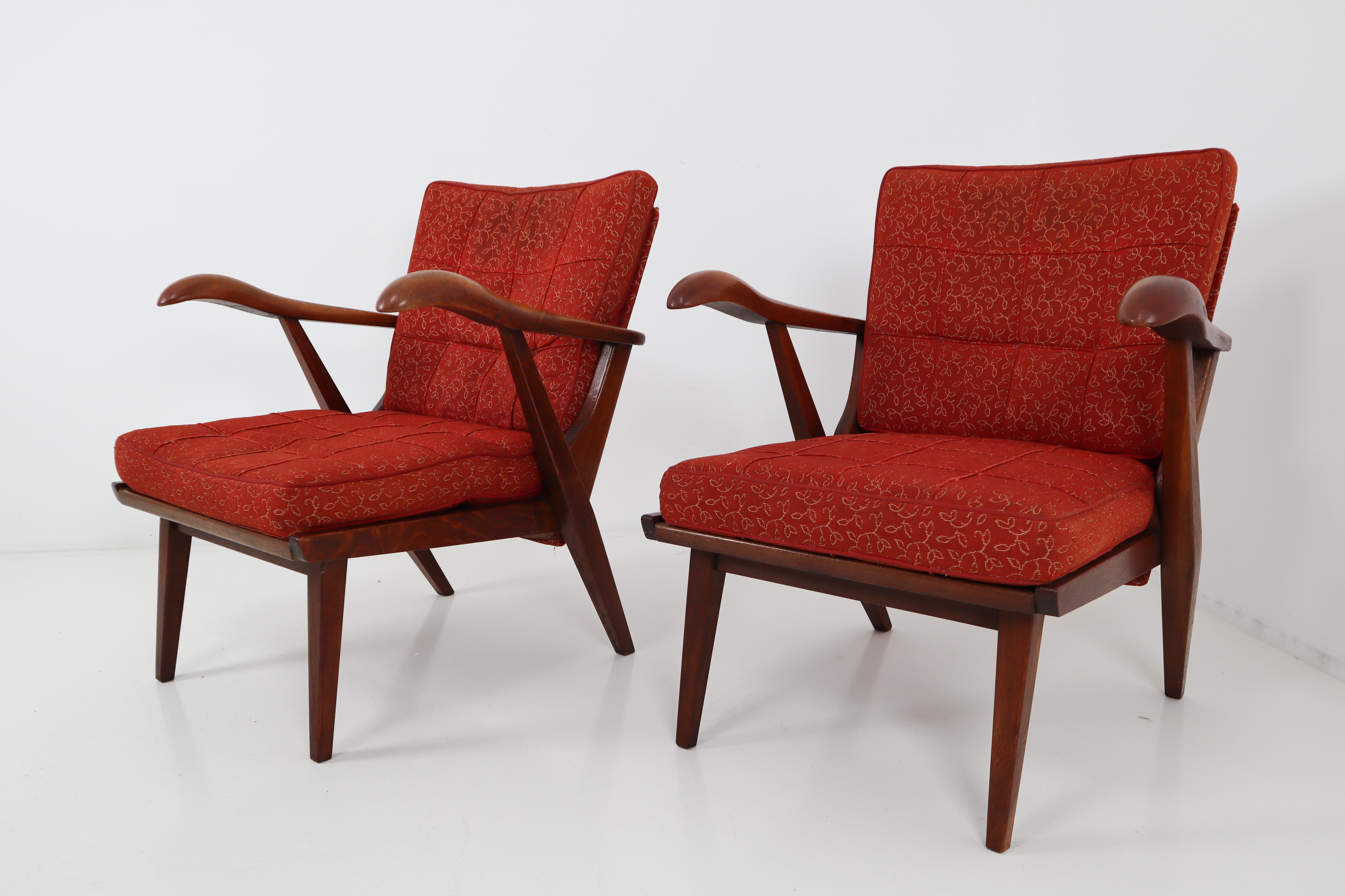 Pair of Lounge Chairs with Sculptural Oak Wooden Frame Czech Republic, 1950s 2