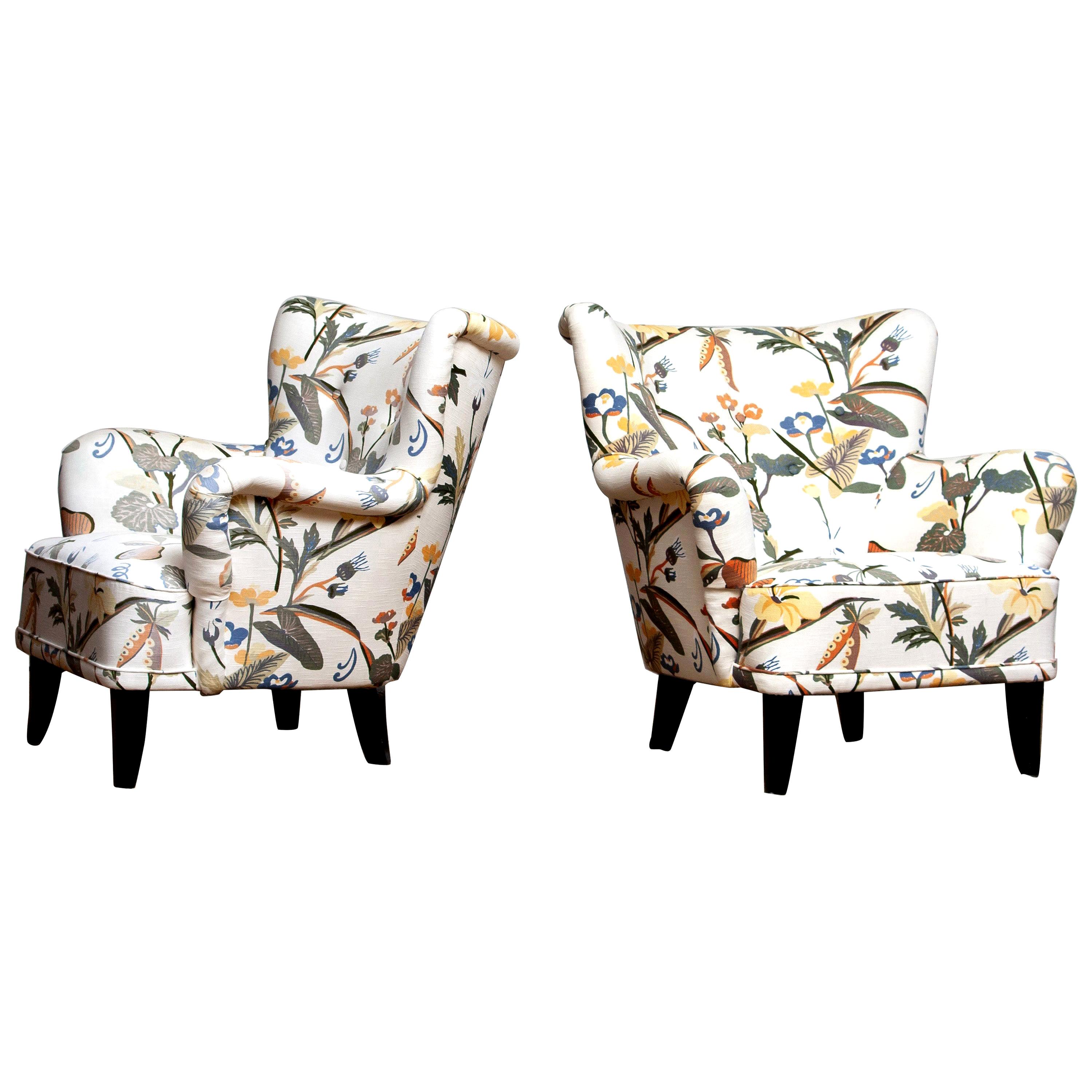 Finnish Pair of Lounge/Easy Chairs, Ilmari Lappalainen for Asko with Josef Frank Fabric