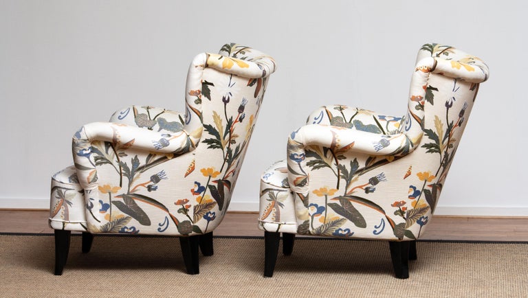 Pair of Lounge/Easy Chairs, Ilmari Lappalainen for Asko with Josef Frank  Fabric For Sale at 1stDibs