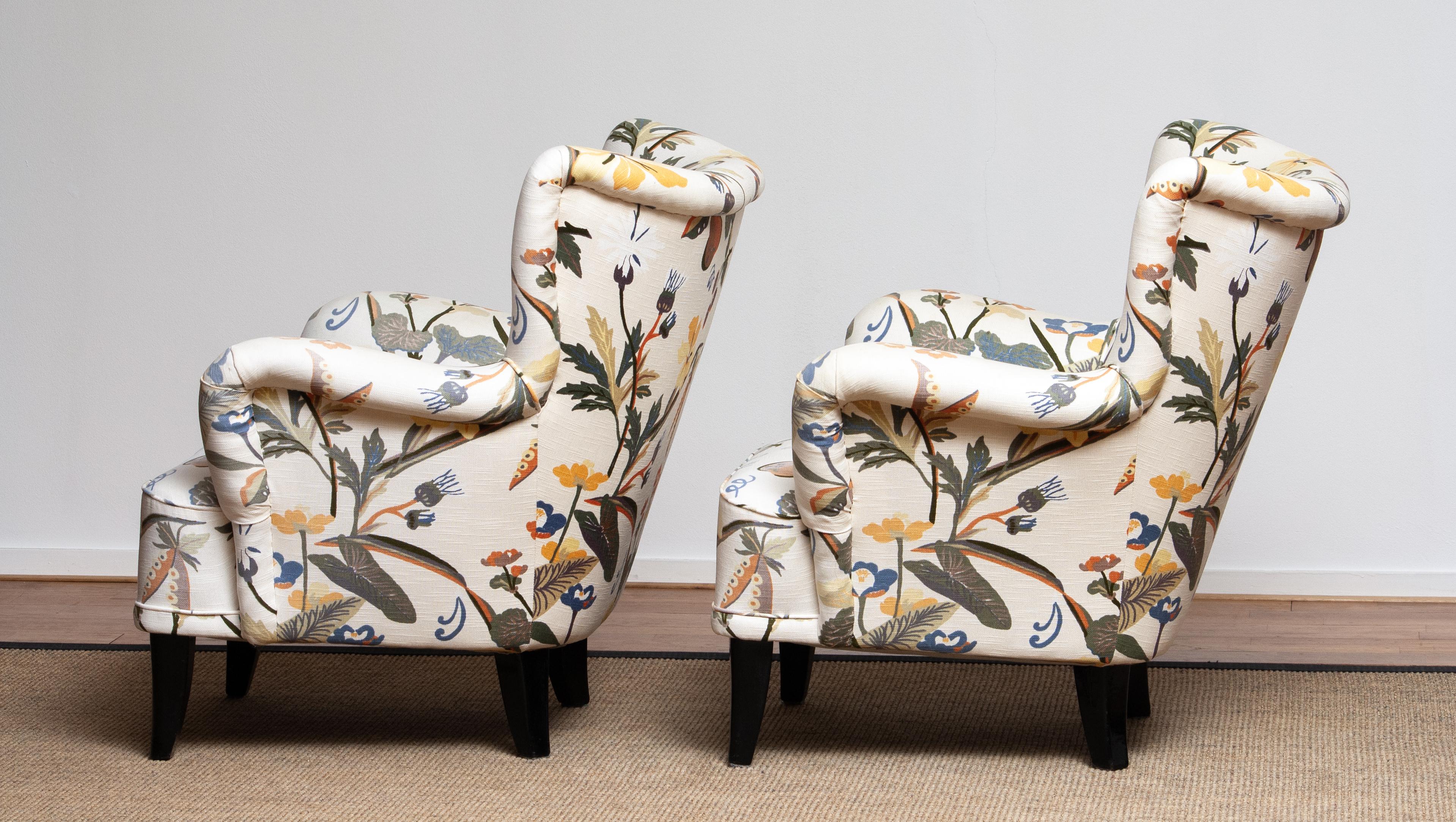Mid-20th Century Pair of Lounge/Easy Chairs, Ilmari Lappalainen for Asko with Josef Frank Fabric