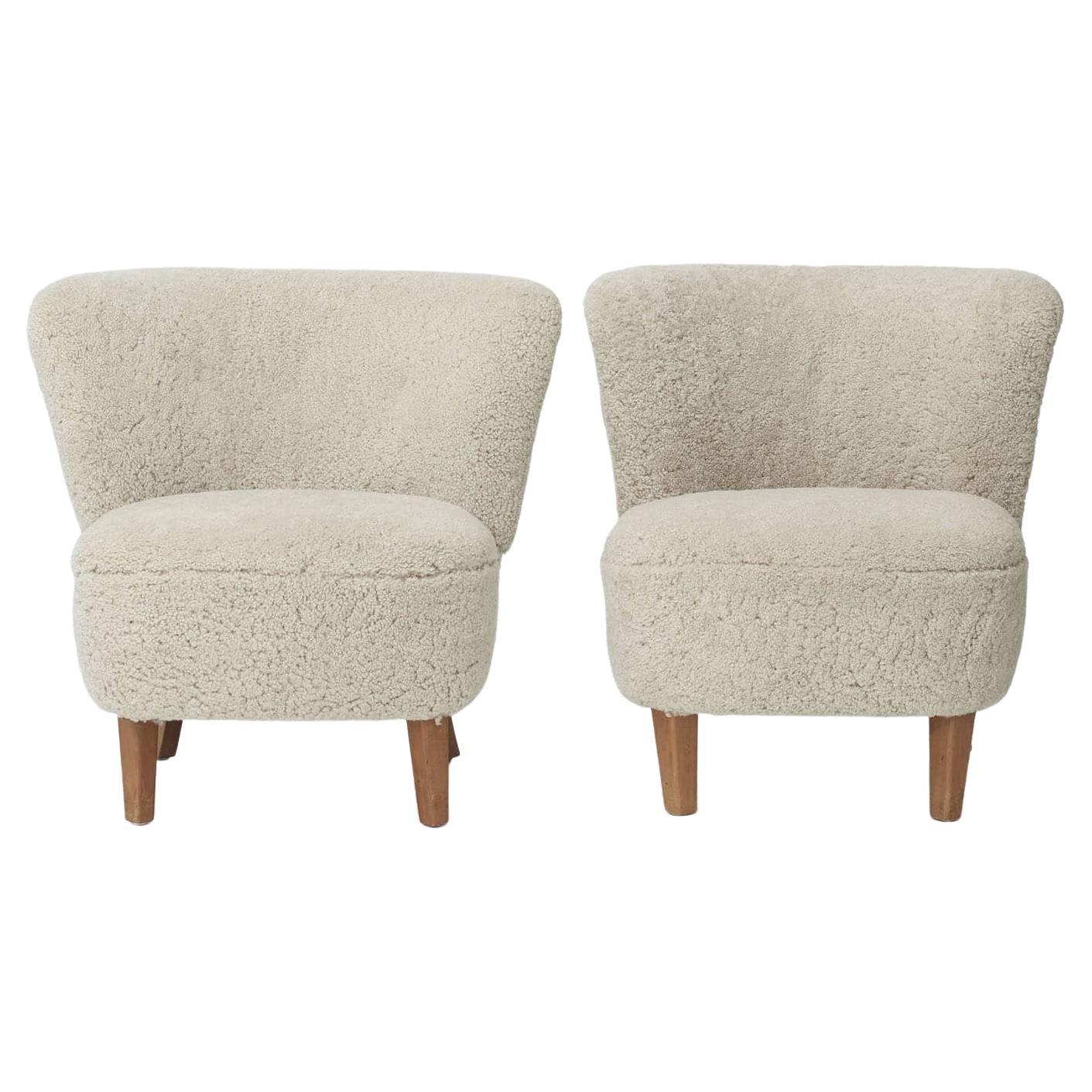 Pair of Lounge / Easy Chairs with Lambskin, Danish Design, 1940-1950 For Sale