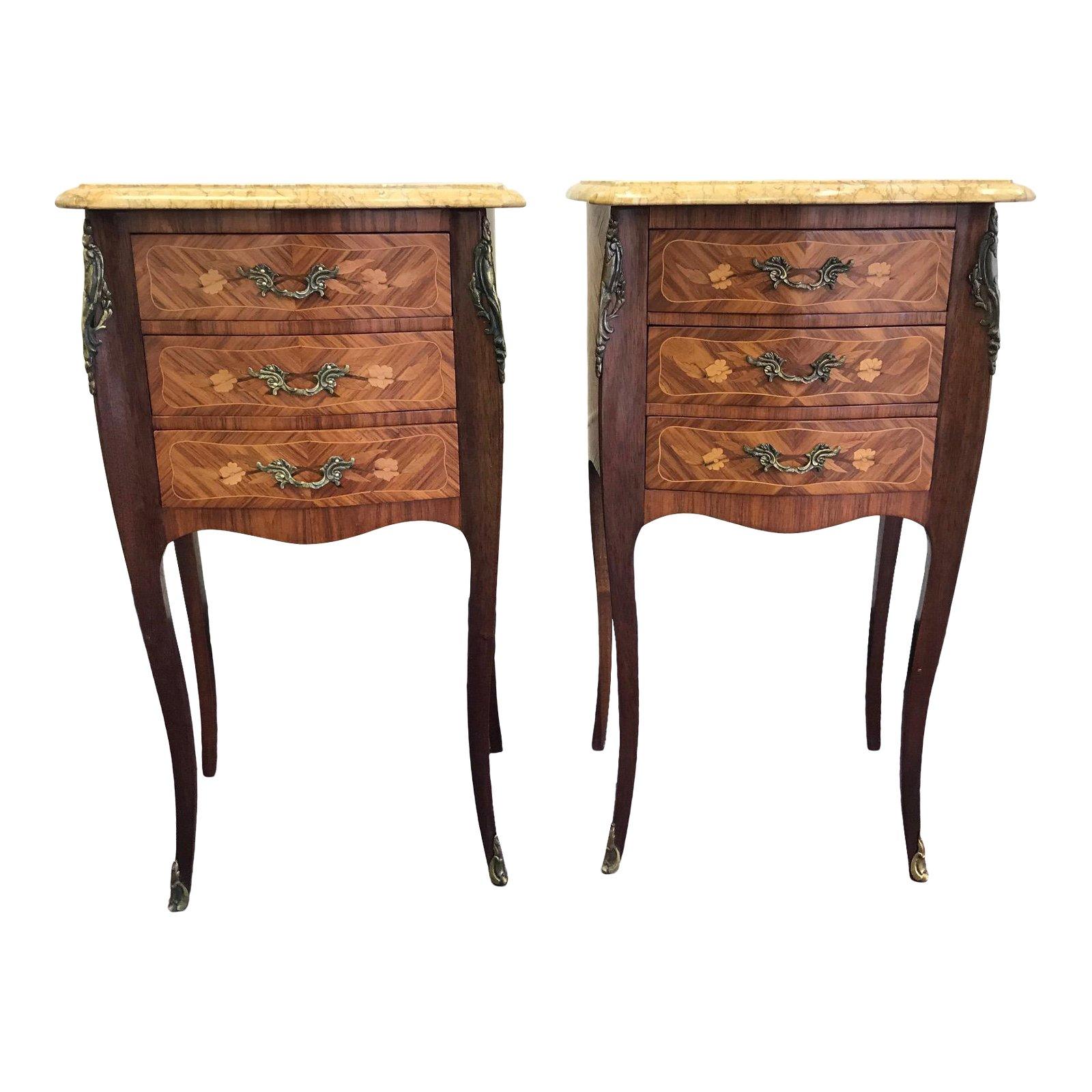 Pair of Lovely 20th Century French Marble and Wood Side Tables Nightstands