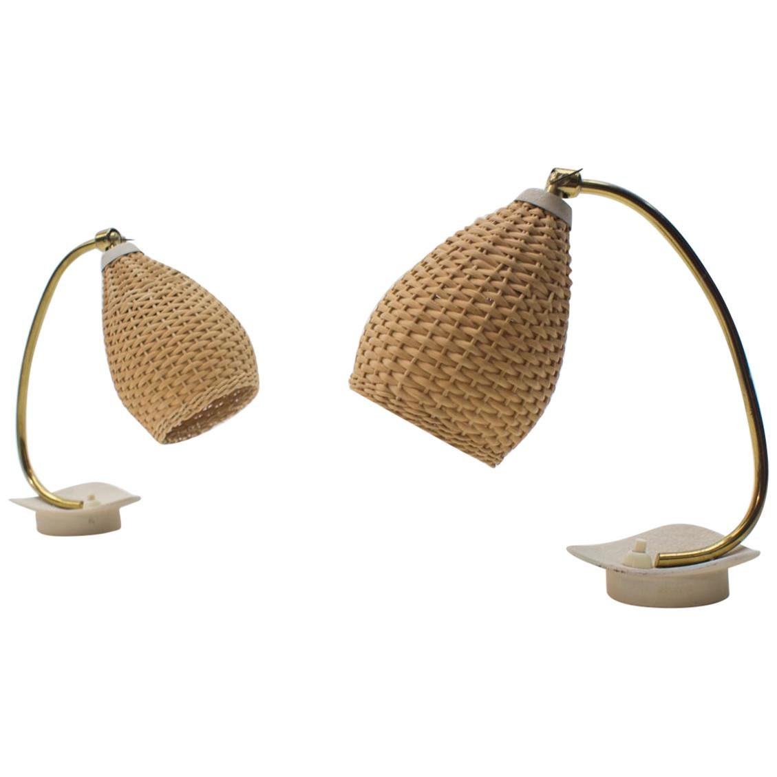 Pair of Lovely Brass and Wicker Table Lamps from the 1950s, Austria For Sale