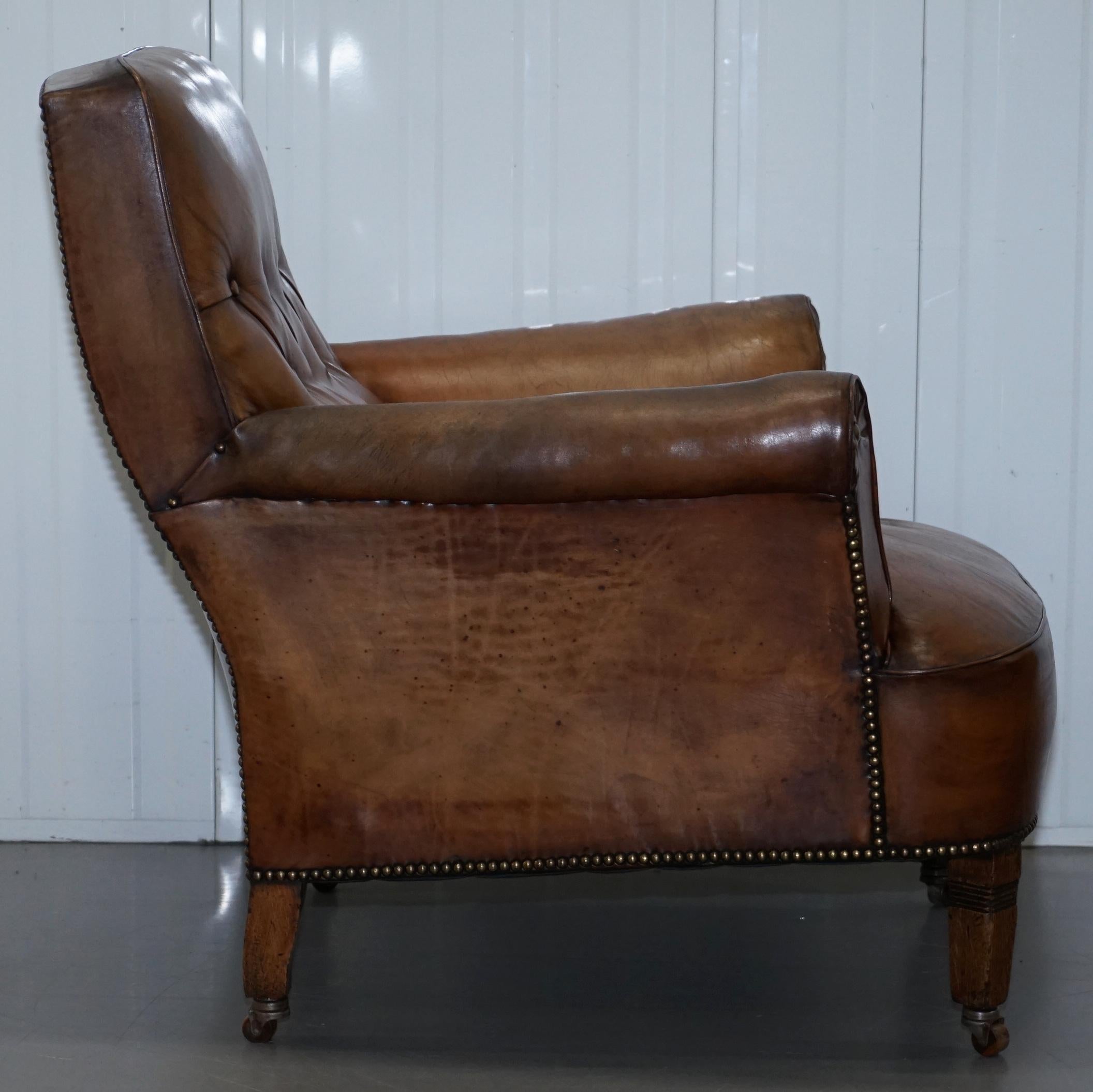 Pair of Lovely Chesterfield Victorian Library Armchairs Hand Dyed Brown Leather 6