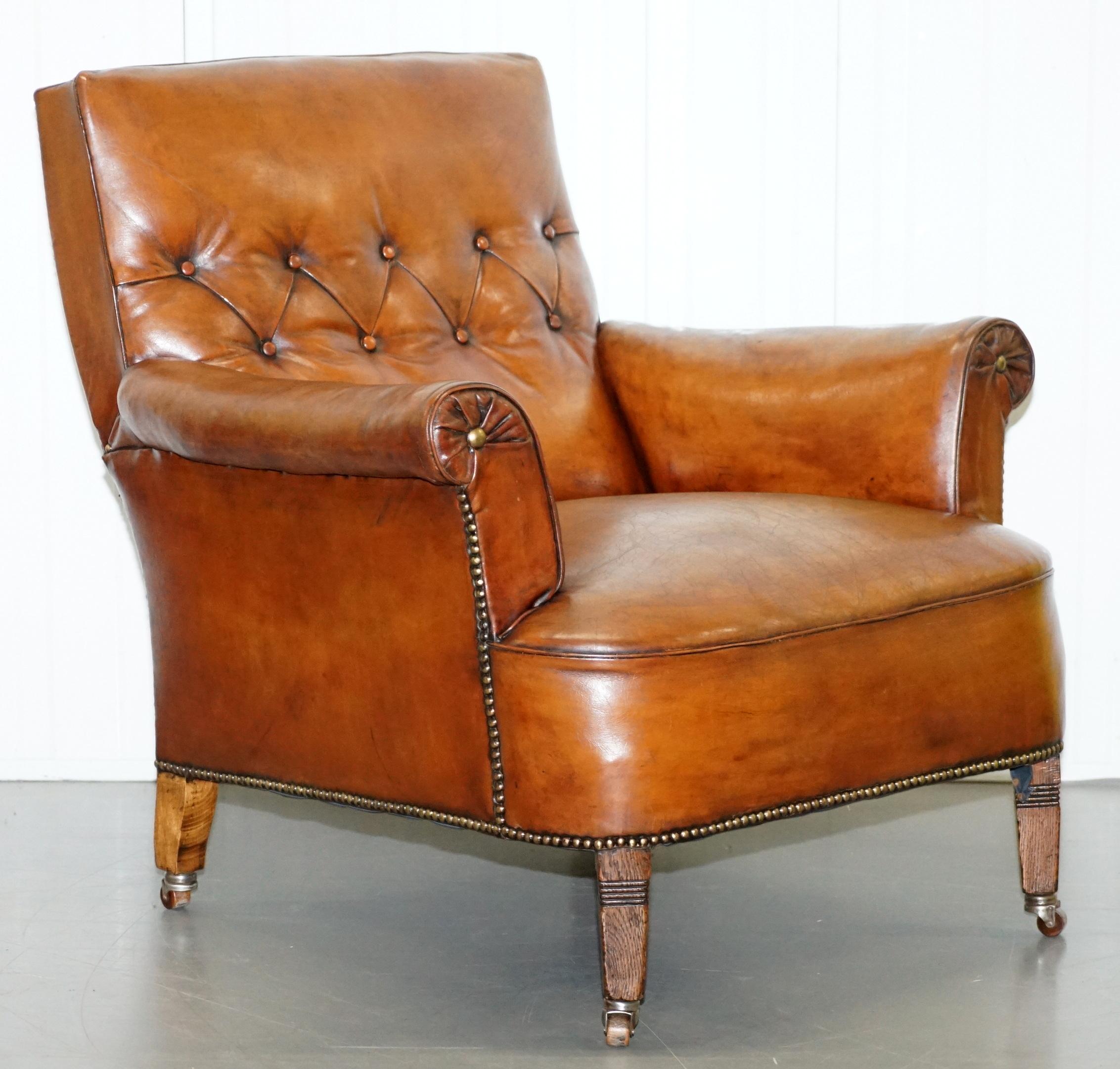 Pair of Lovely Chesterfield Victorian Library Armchairs Hand Dyed Brown Leather 8