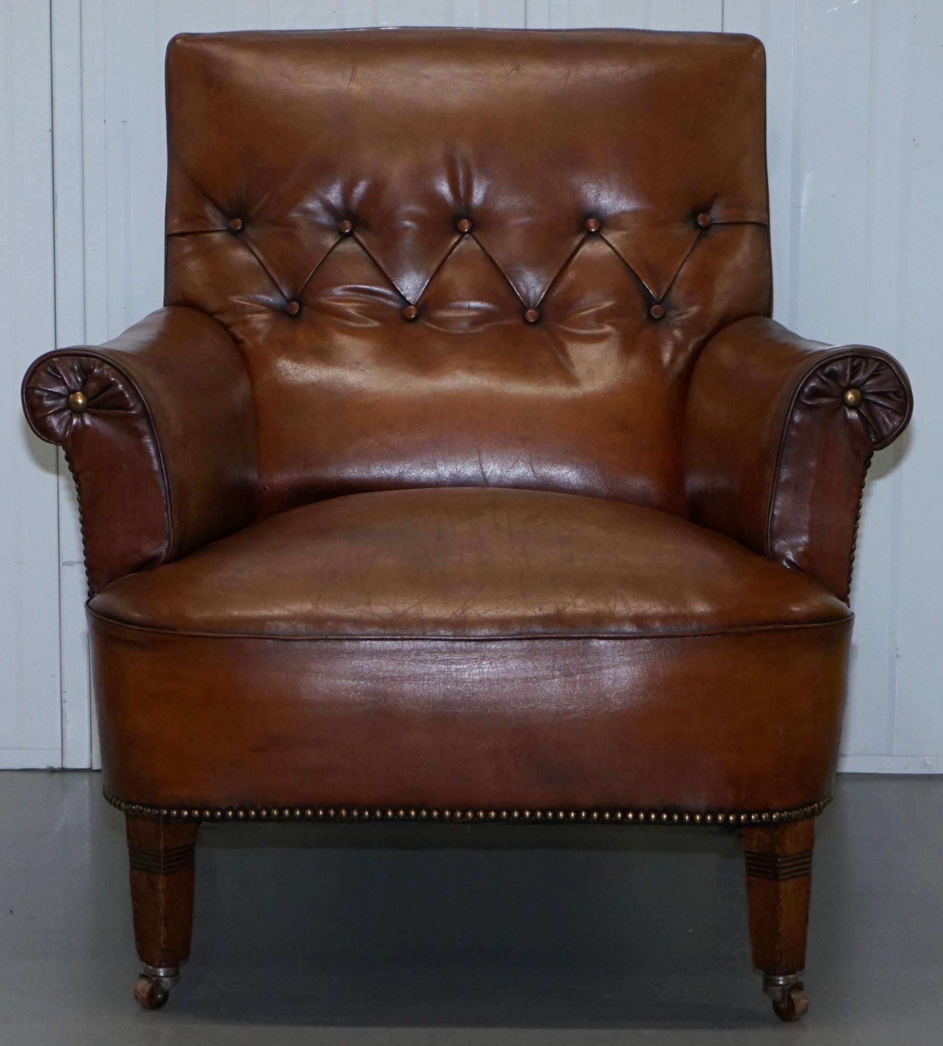 Pair of Lovely Chesterfield Victorian Library Armchairs Hand Dyed Brown Leather 9