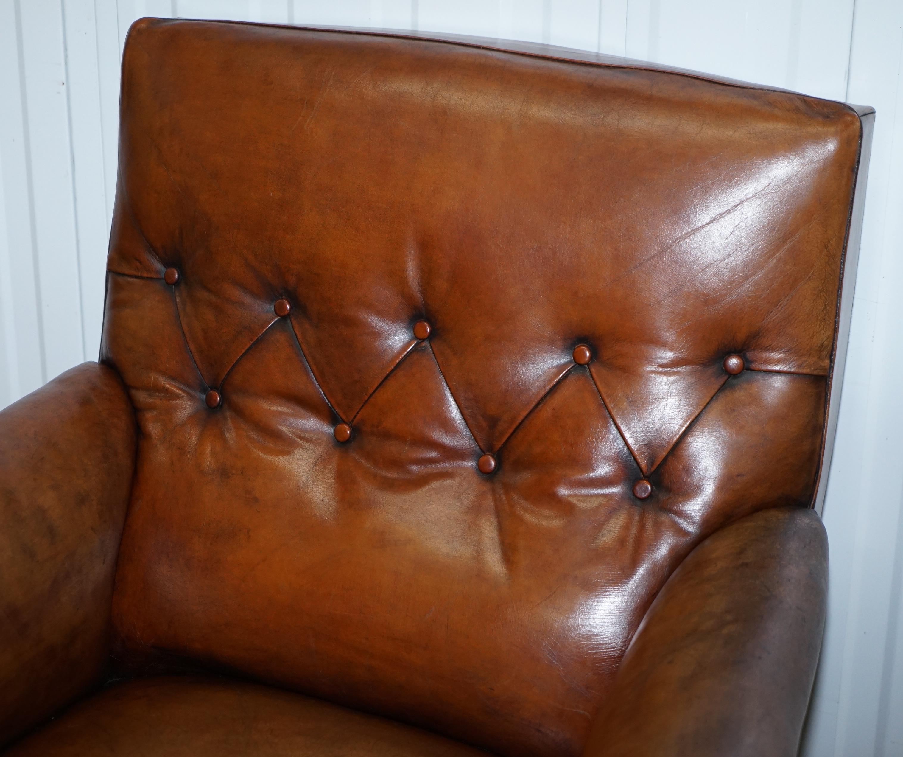 Pair of Lovely Chesterfield Victorian Library Armchairs Hand Dyed Brown Leather 10