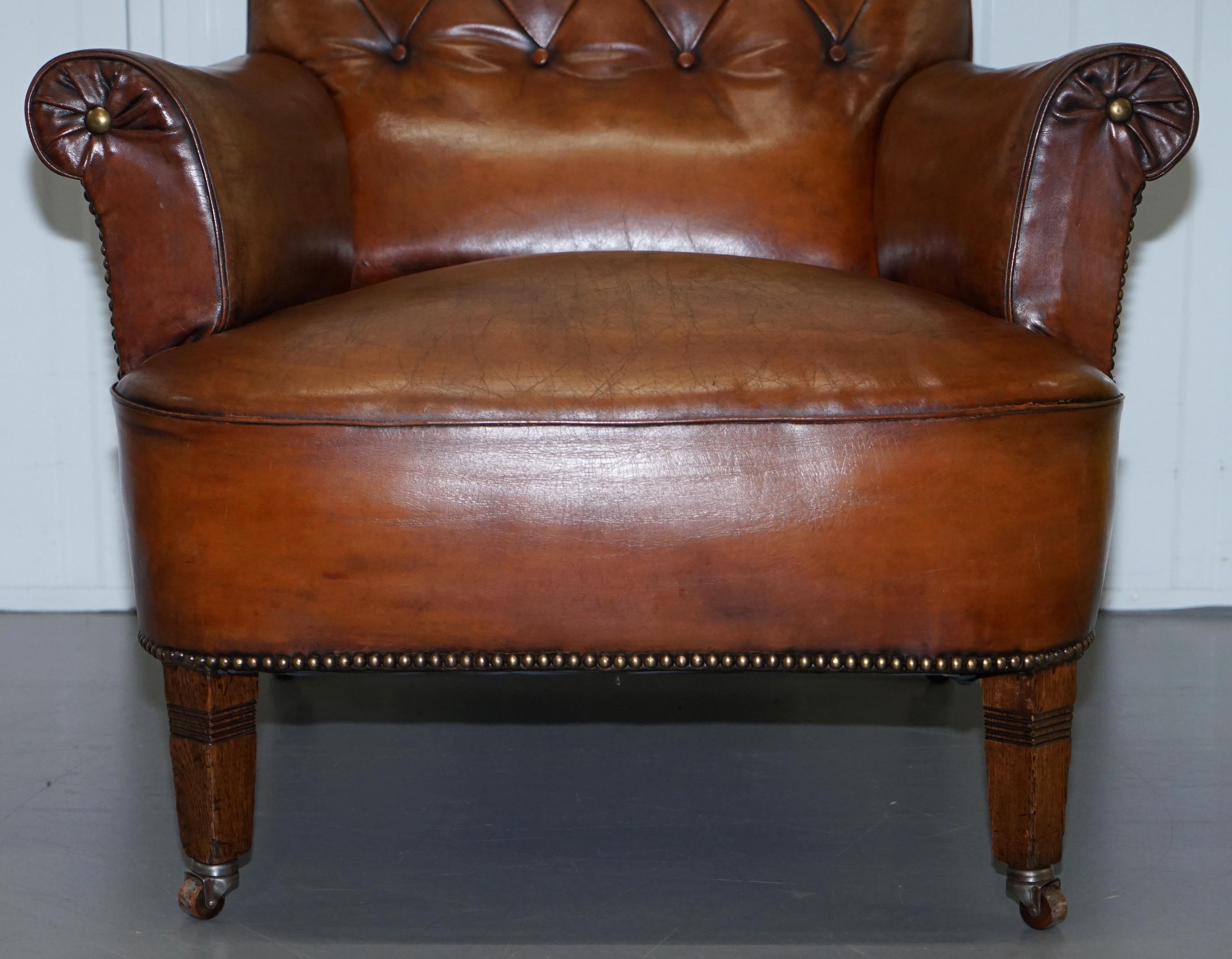 Pair of Lovely Chesterfield Victorian Library Armchairs Hand Dyed Brown Leather 12