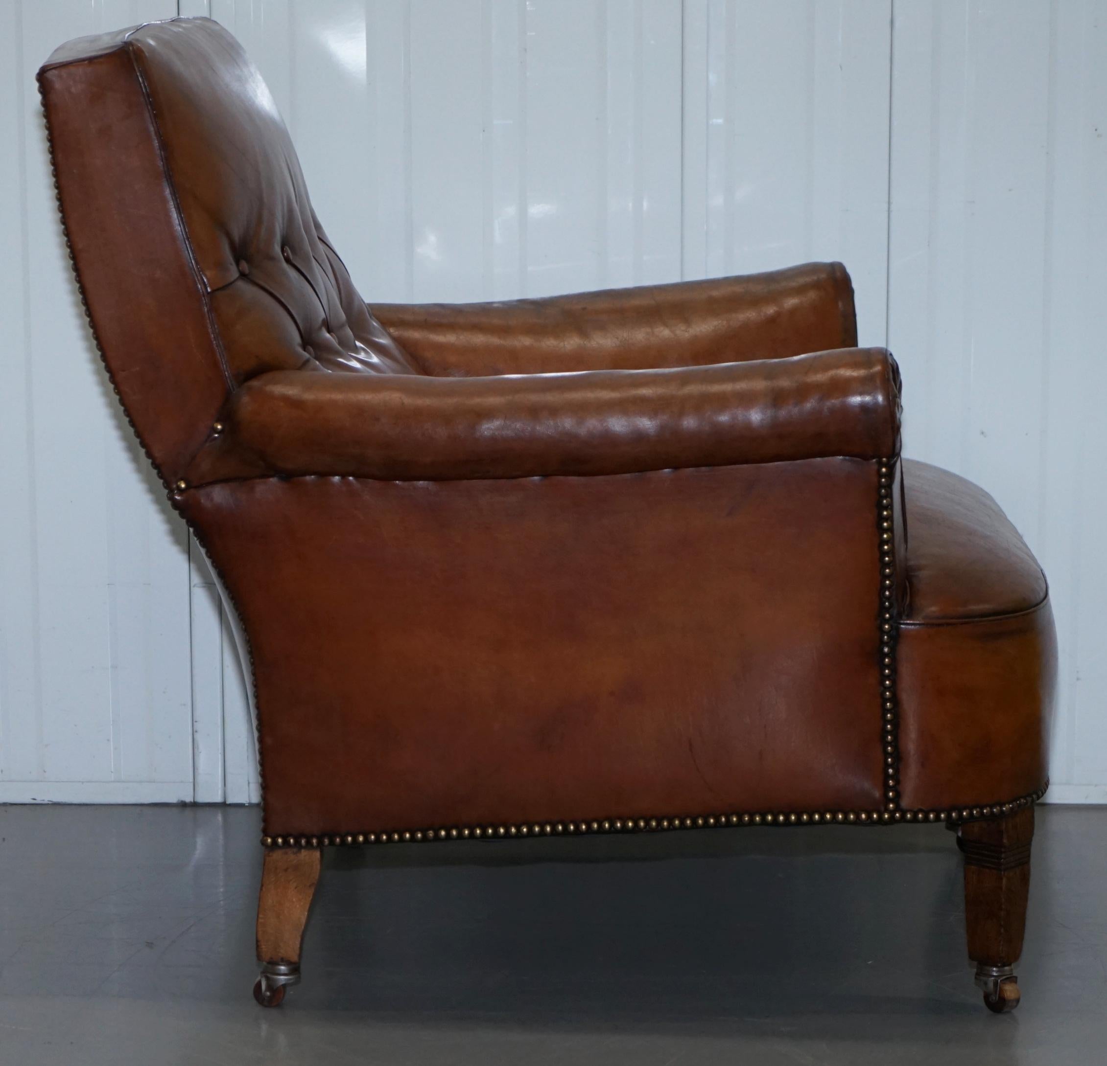 Pair of Lovely Chesterfield Victorian Library Armchairs Hand Dyed Brown Leather 13
