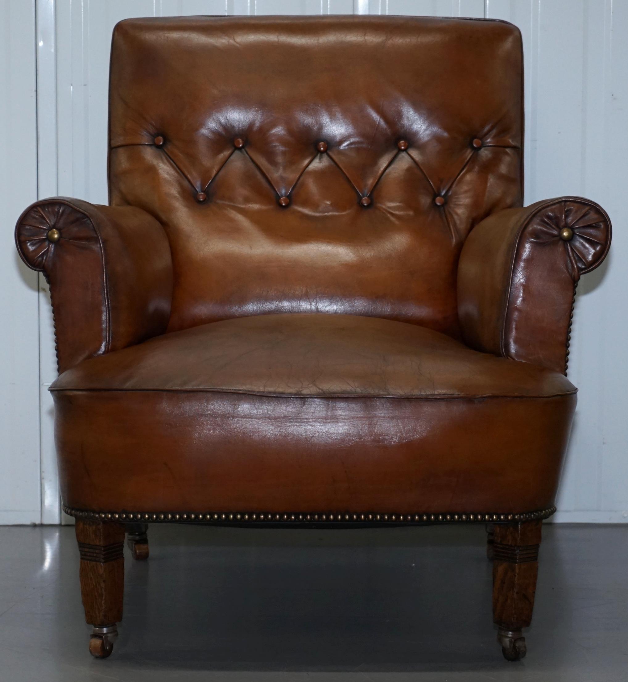 English Pair of Lovely Chesterfield Victorian Library Armchairs Hand Dyed Brown Leather