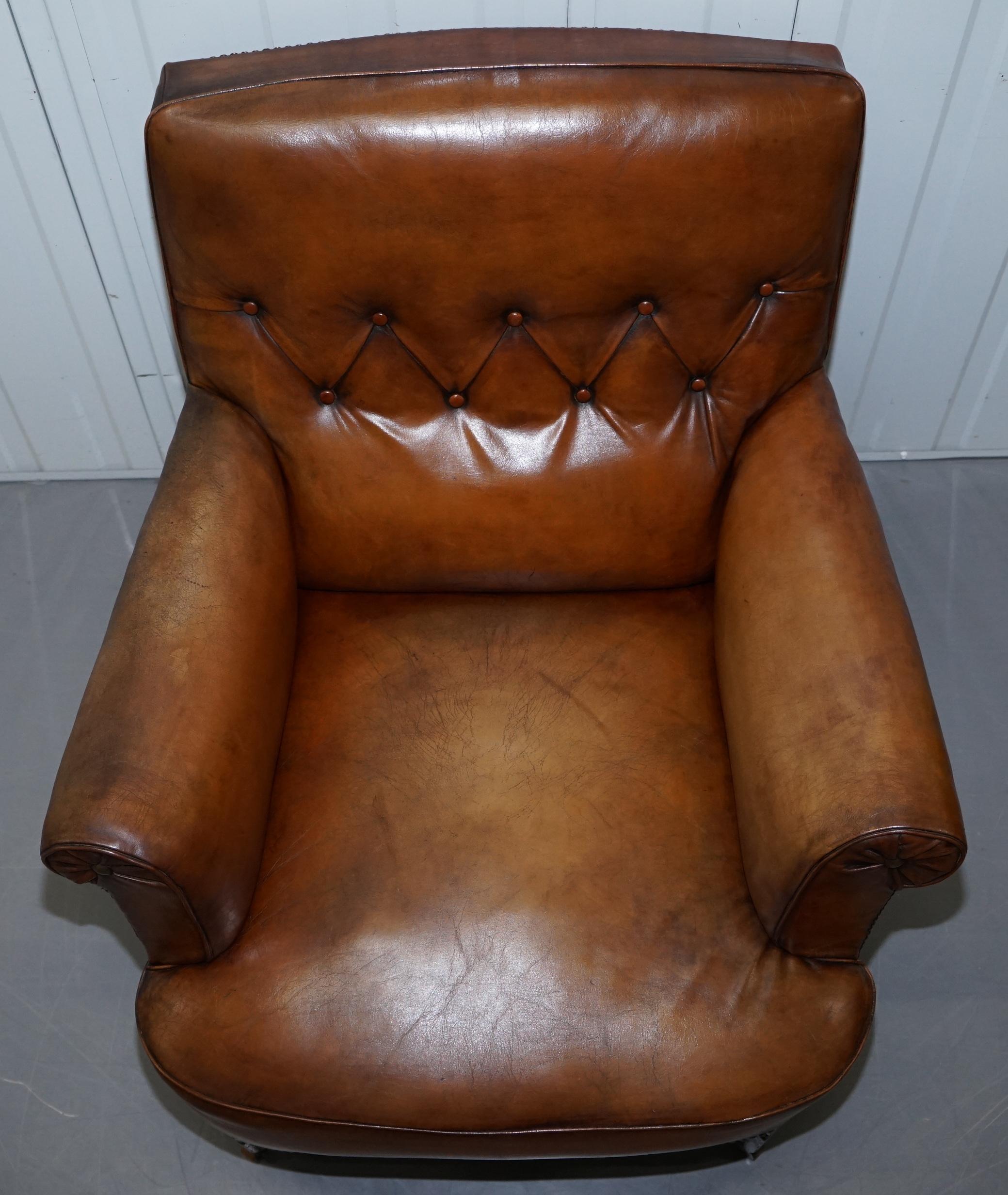 Pair of Lovely Chesterfield Victorian Library Armchairs Hand Dyed Brown Leather 1