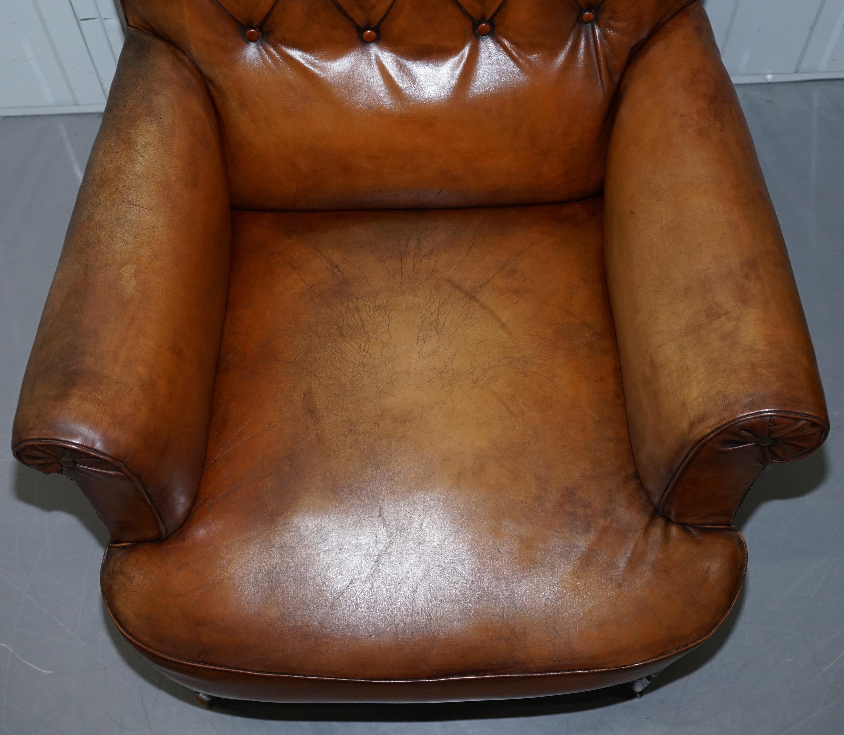 Pair of Lovely Chesterfield Victorian Library Armchairs Hand Dyed Brown Leather 2