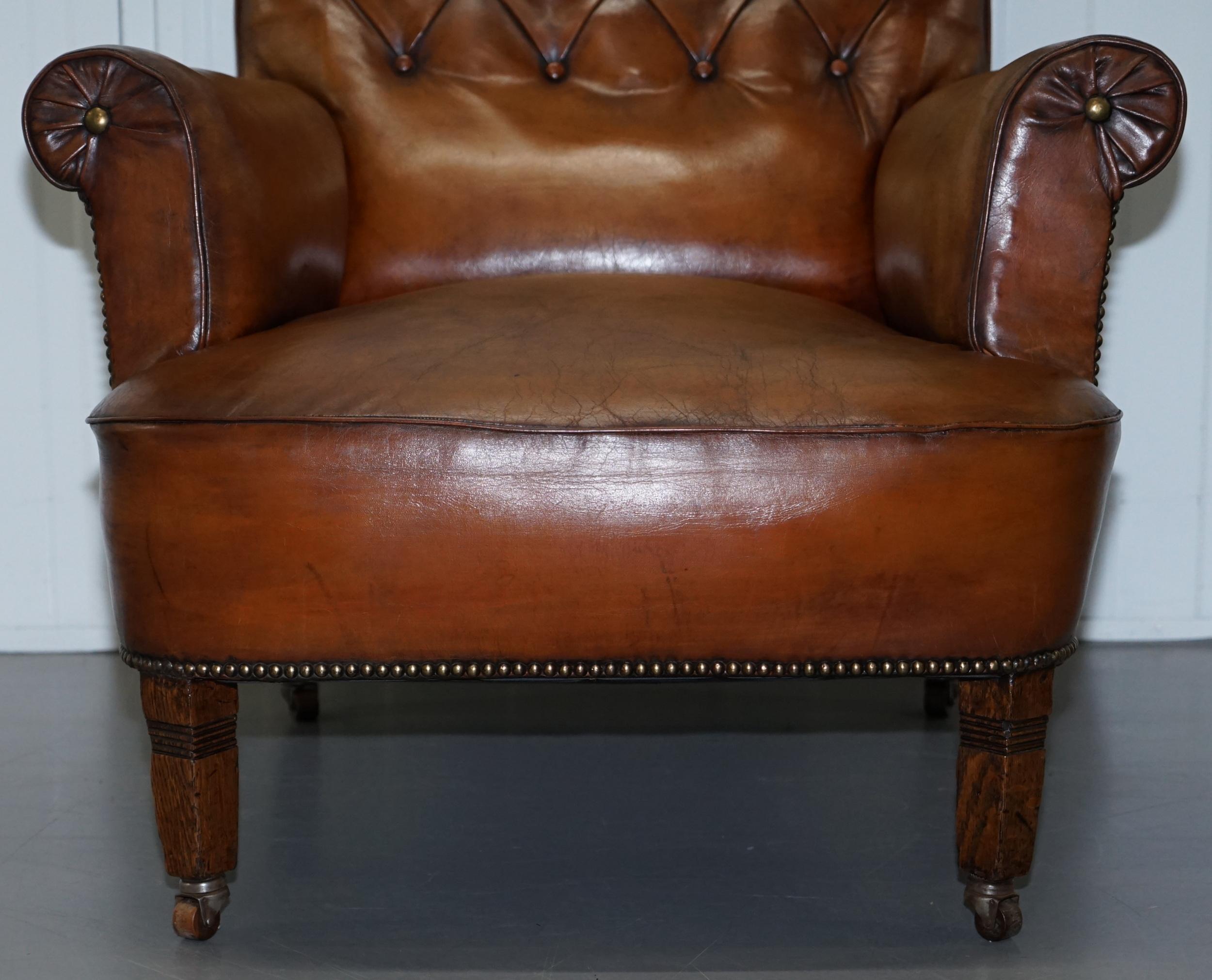 Pair of Lovely Chesterfield Victorian Library Armchairs Hand Dyed Brown Leather 4