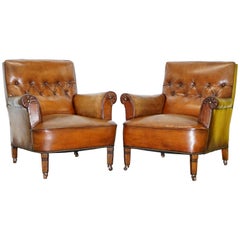 Pair of Lovely Chesterfield Victorian Library Armchairs Hand Dyed Brown Leather