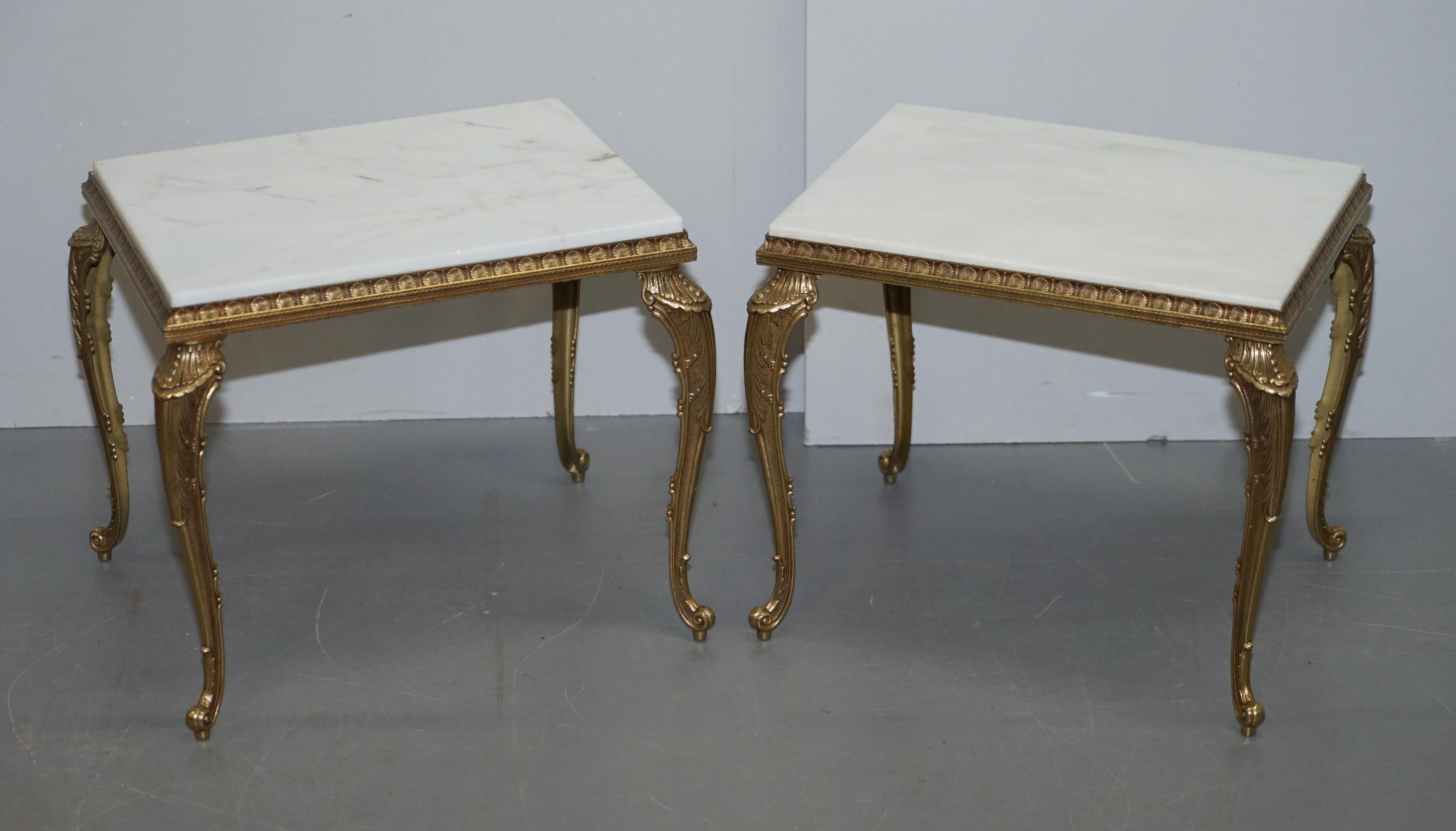 Pair of Lovely circa 1900 French Brass Framed Side Tables Italian Marble Tops For Sale 4