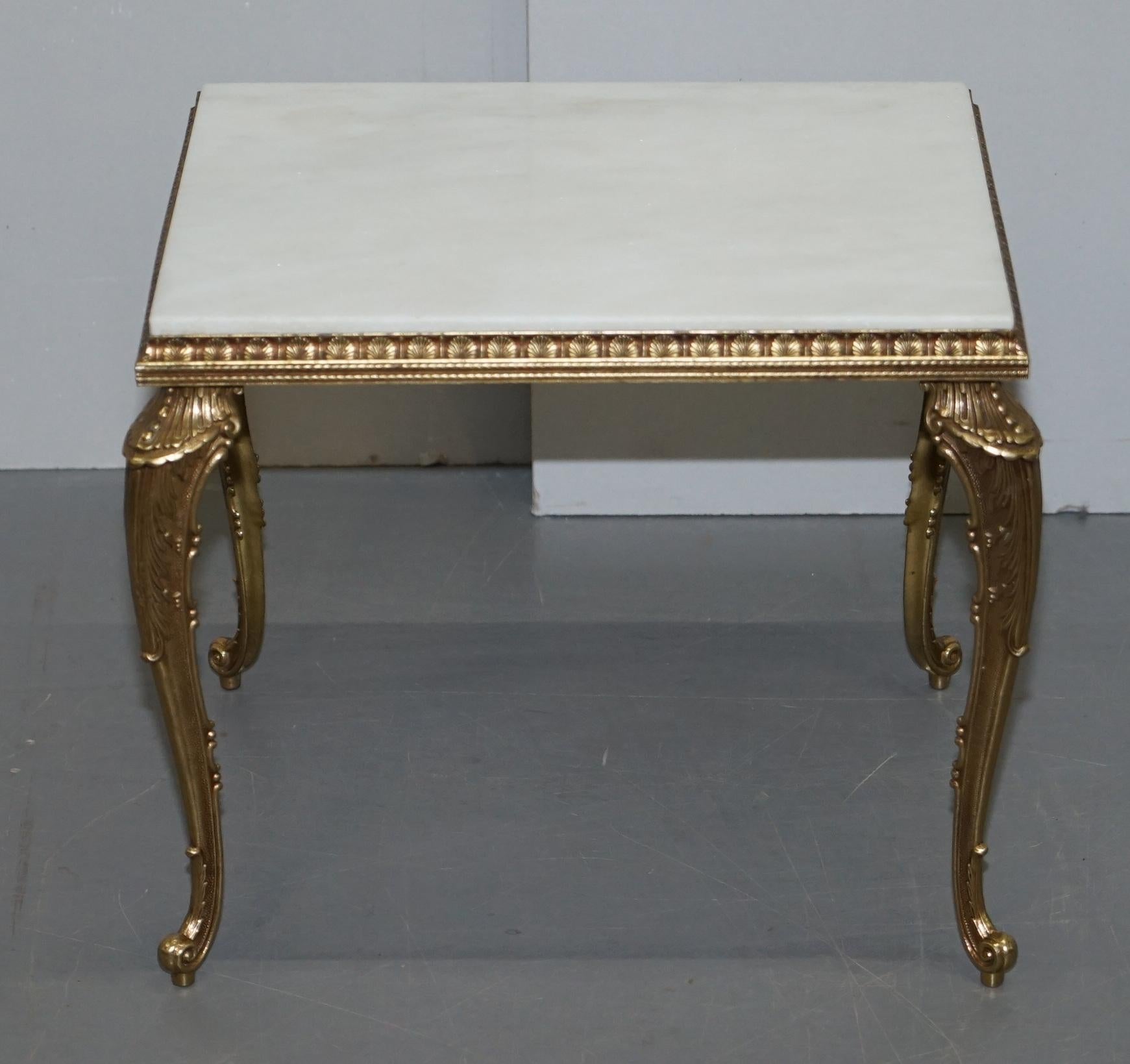 Pair of Lovely circa 1900 French Brass Framed Side Tables Italian Marble Tops For Sale 1