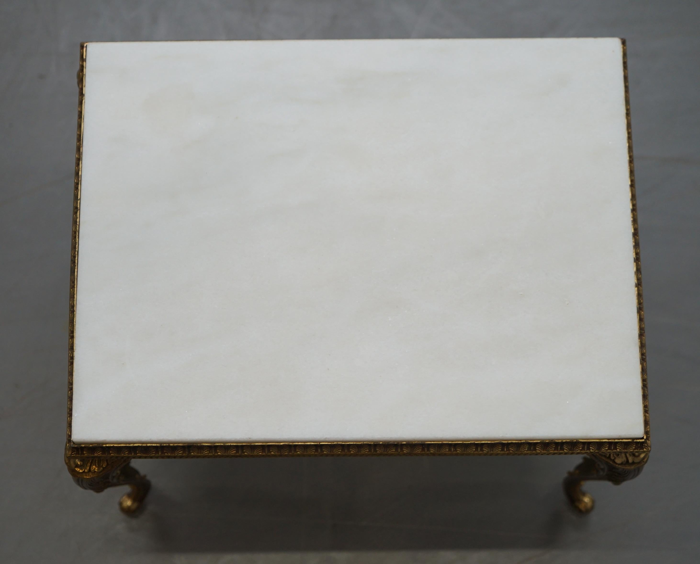 Pair of Lovely circa 1900 French Brass Framed Side Tables Italian Marble Tops For Sale 3