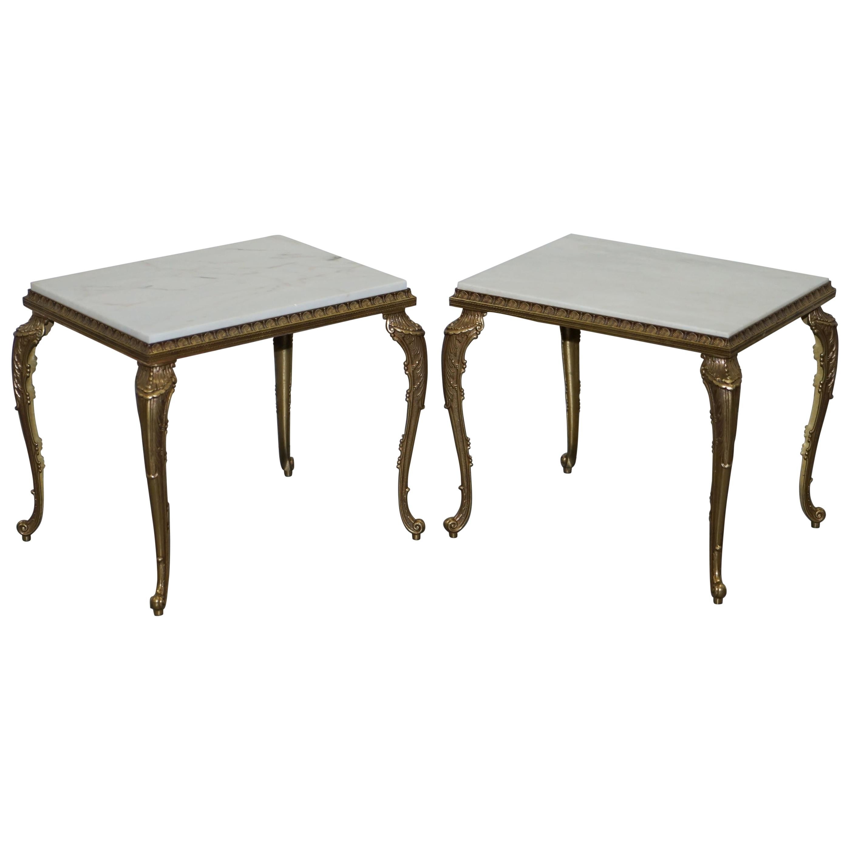 Pair of Lovely circa 1900 French Brass Framed Side Tables Italian Marble Tops For Sale