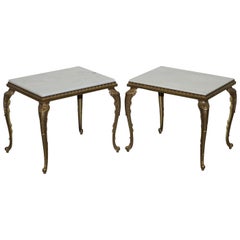 Pair of Lovely circa 1900 French Brass Framed Side Tables Italian Marble Tops