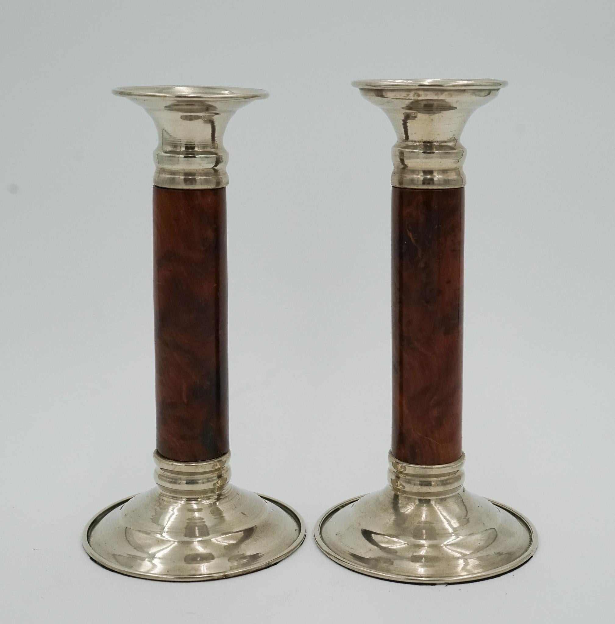 Hand-Crafted PAIR OF LOVELY DECORATIVE ART DECO BURR WALNUT CANDLESTiCKS For Sale