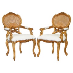 Pair of Lovely French Provincial Carver Wicker Cane Back Carved Wood Armchairs