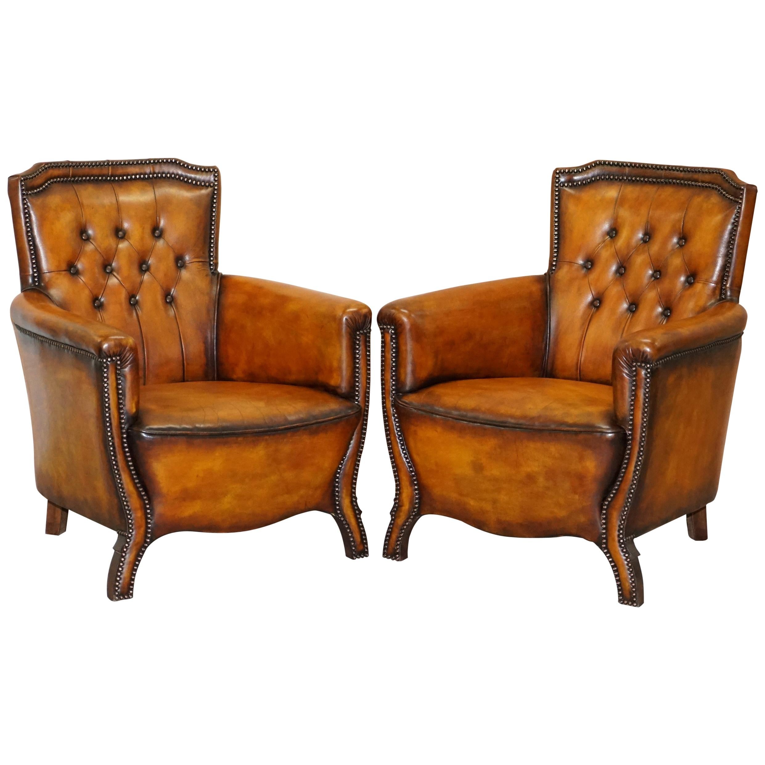 Pair of Lovely Fully Restored Chesterfield Club Whiskey Brown Leather Armchairs