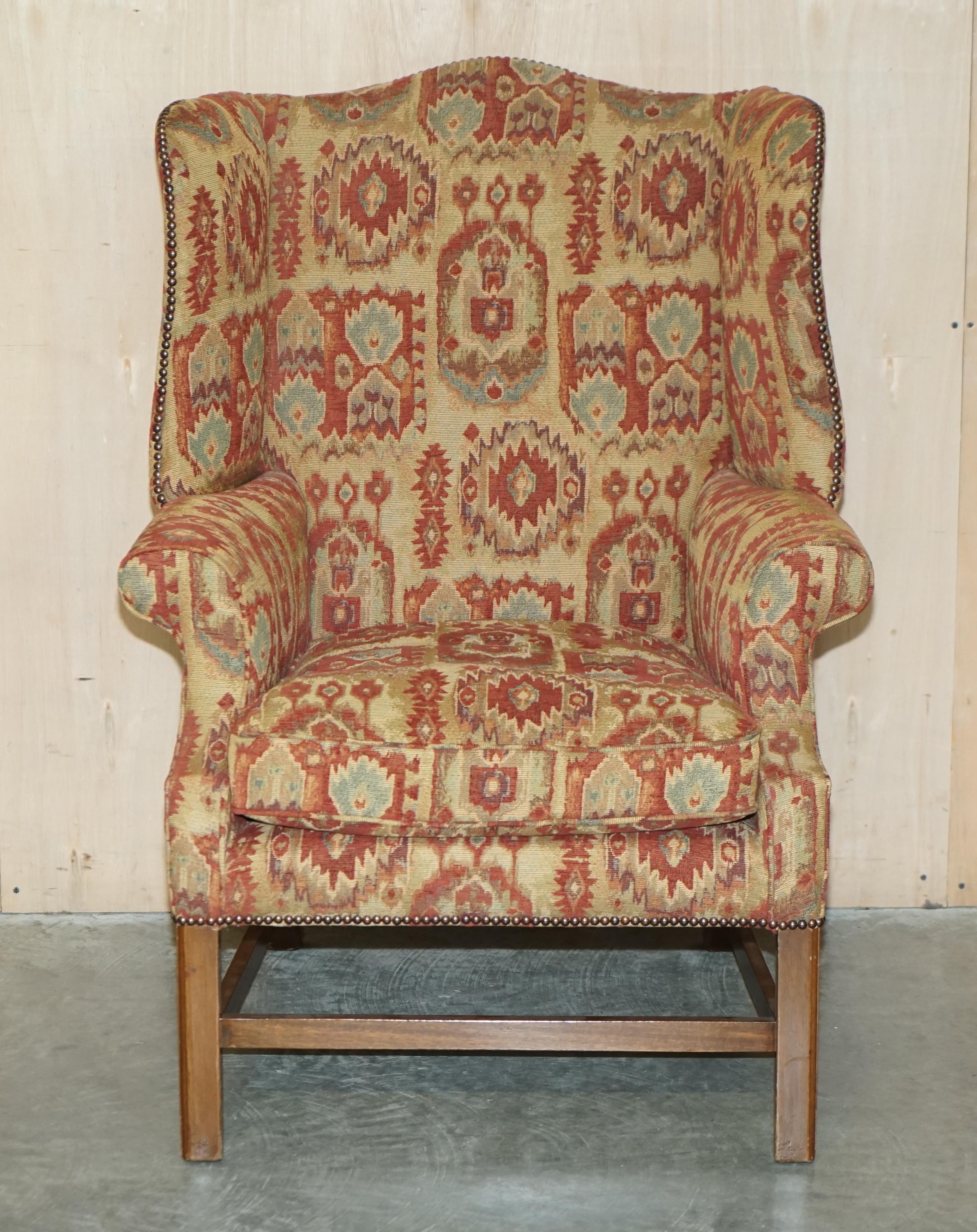 Pair of Lovely George III Style Wingback Armchairs with Kilim Pattern Uphosltery For Sale 11