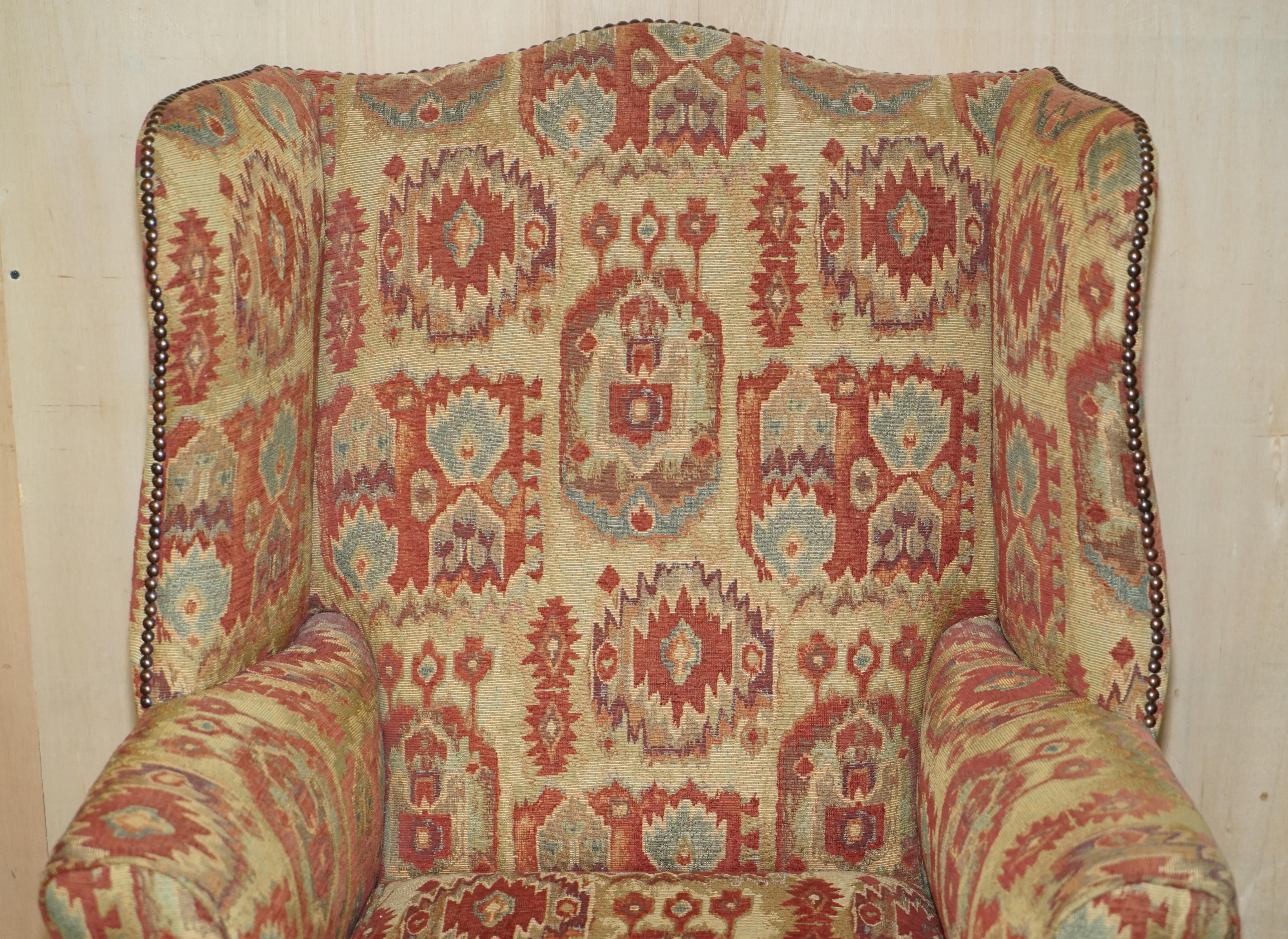 Hand-Crafted Pair of Lovely George III Style Wingback Armchairs with Kilim Pattern Uphosltery For Sale