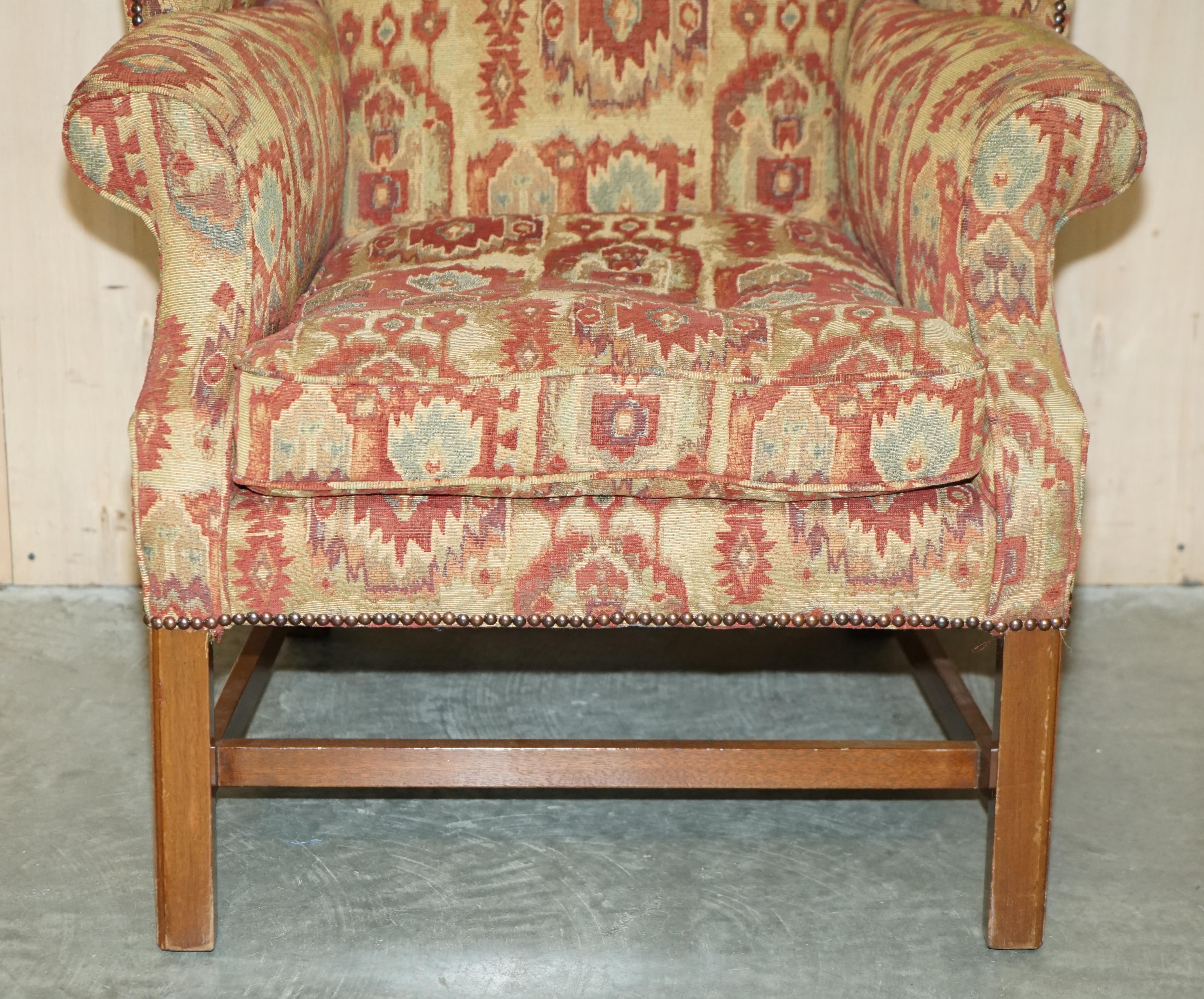 Upholstery Pair of Lovely George III Style Wingback Armchairs with Kilim Pattern Uphosltery For Sale