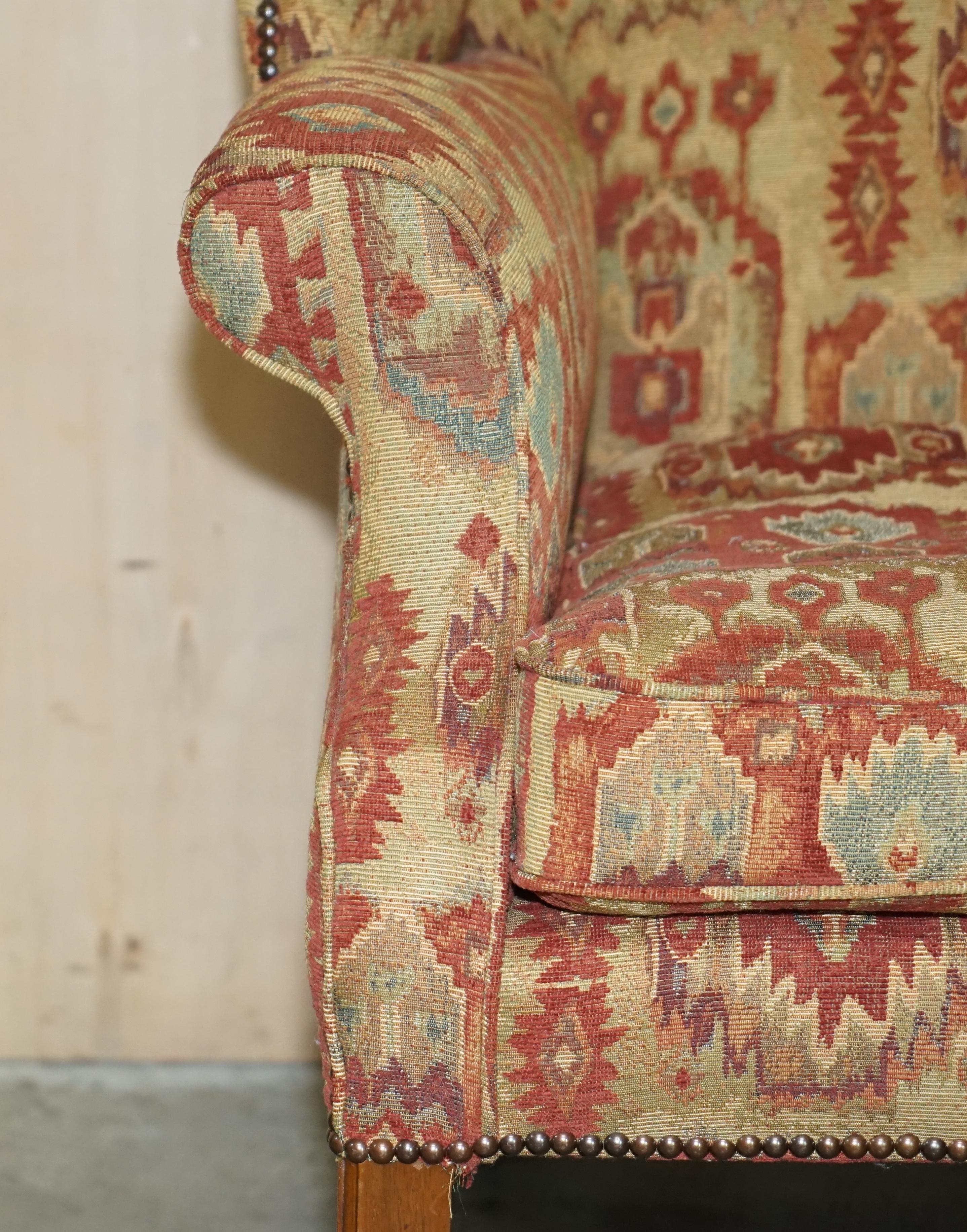 Pair of Lovely George III Style Wingback Armchairs with Kilim Pattern Uphosltery For Sale 1