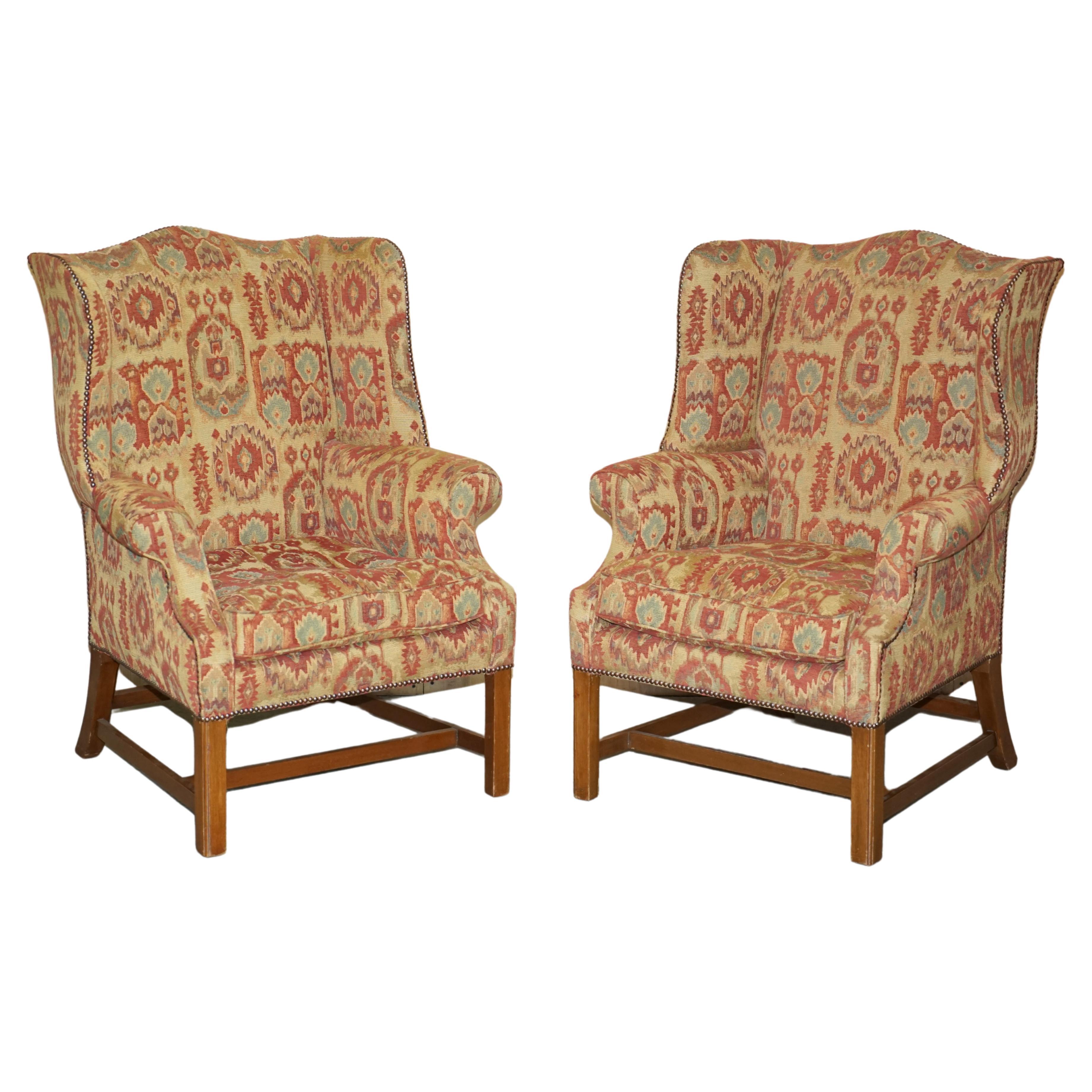Pair of Lovely George III Style Wingback Armchairs with Kilim Pattern Uphosltery For Sale