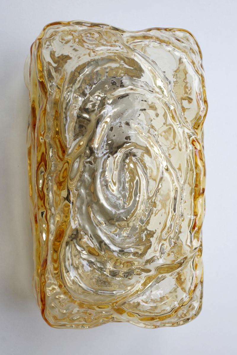 Pair of hand blown amber/yellow bubble glass flush mount sconce.
Austria, 1960s.
NOS. This lights are original vintage, but not used (with storage wear).
