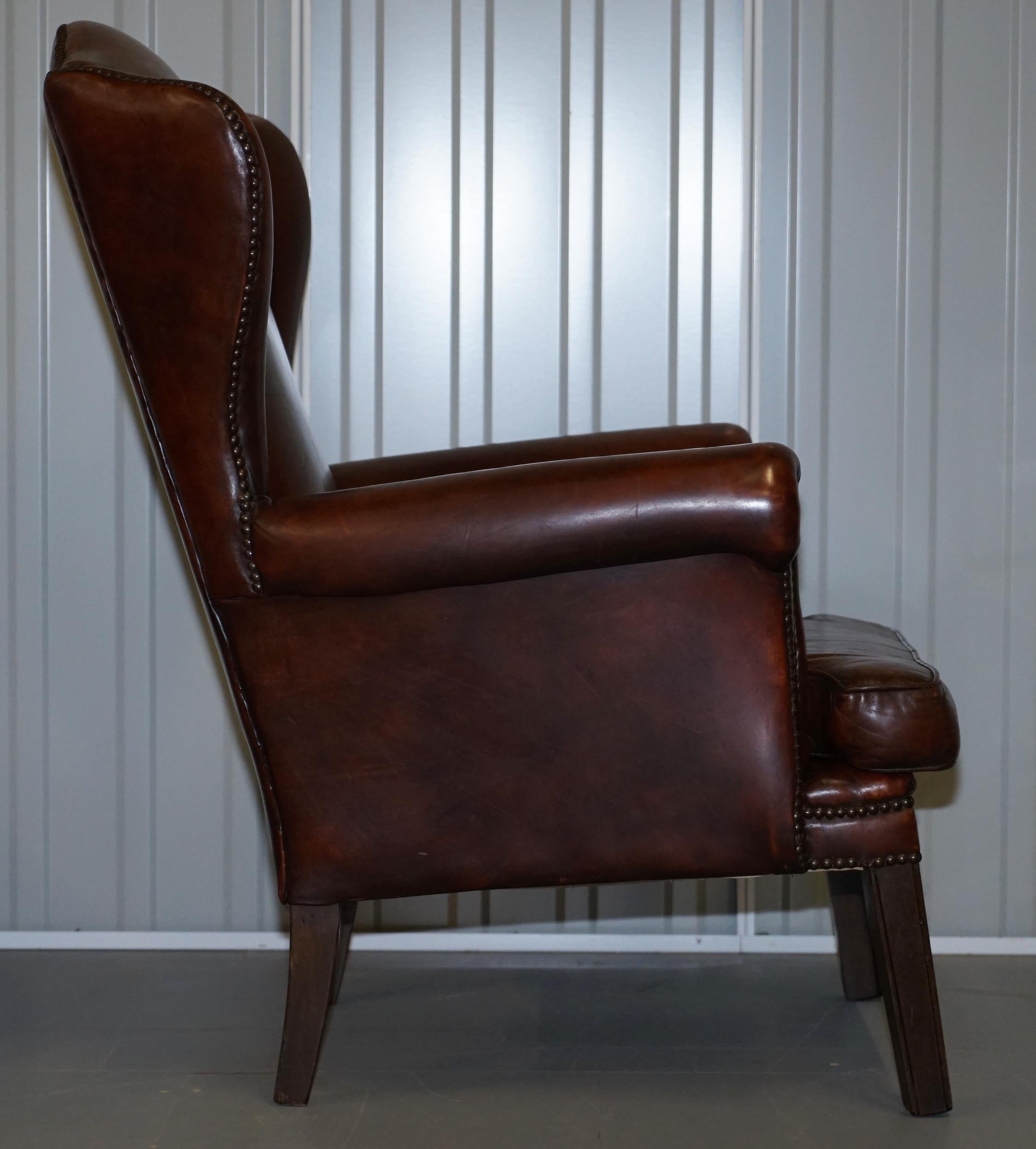 Pair of Lovely Hand Dyed Brown Leather Laid Back Wingback Armchairs Rare Frames 4